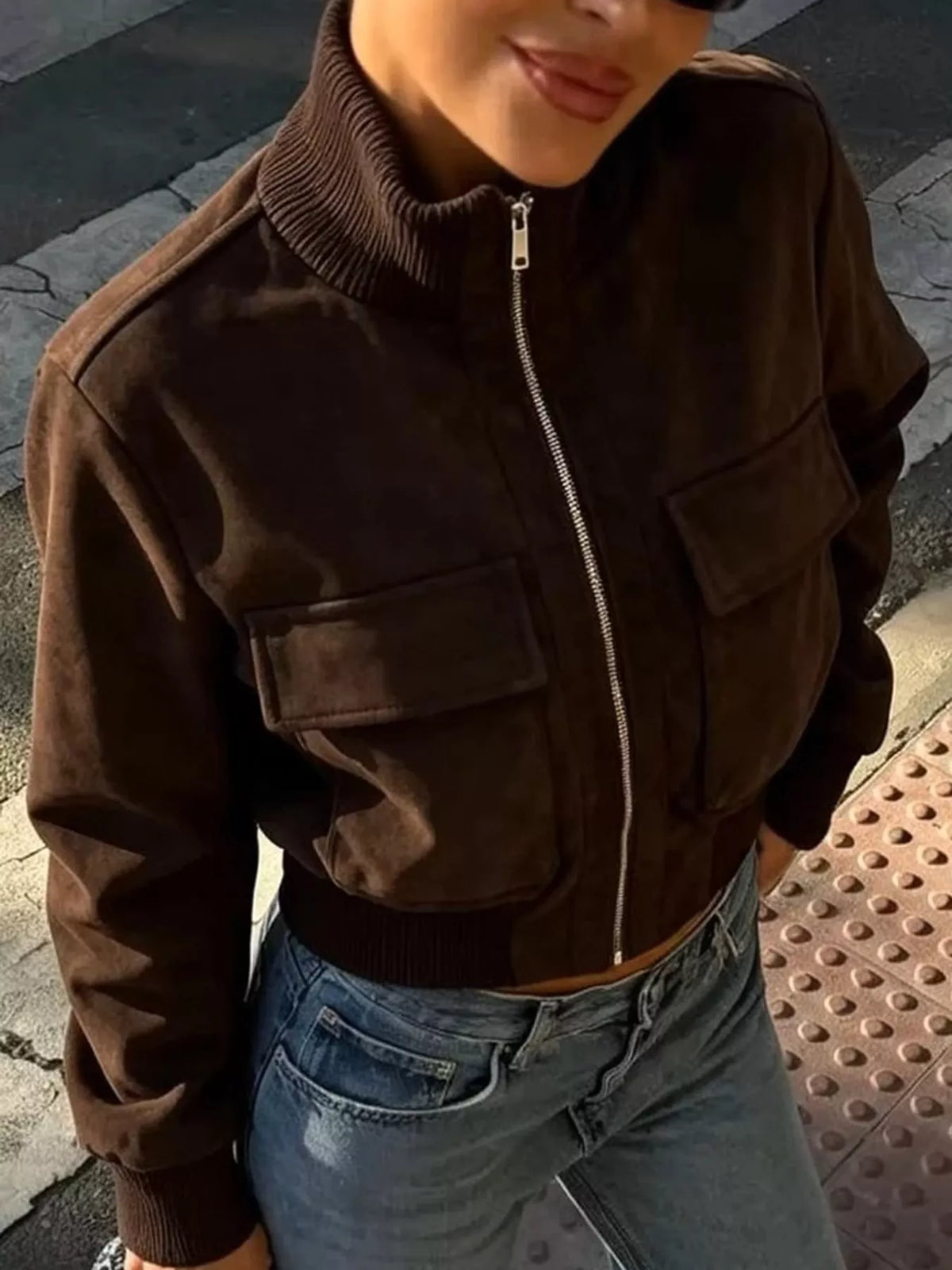 Suede Zip-Up Pocket Jacket — front view