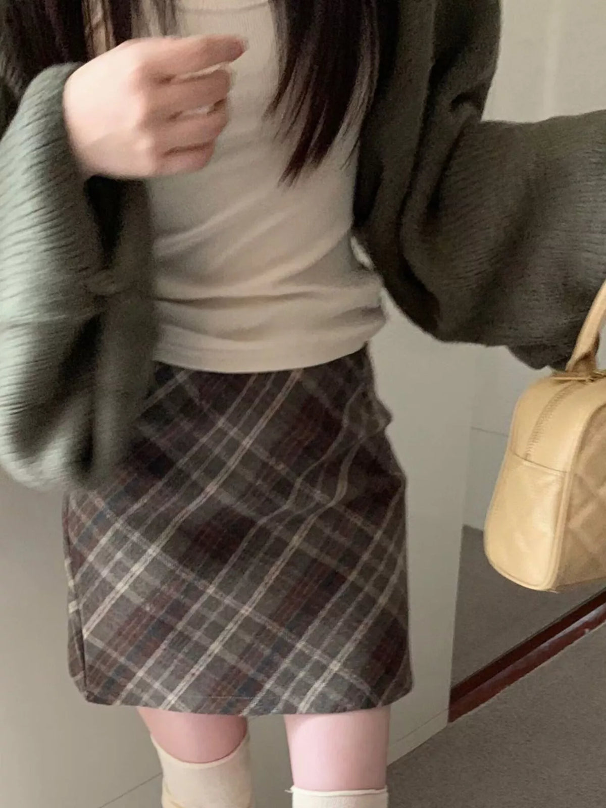 Coffee vintage plaid a-line mini skirt
