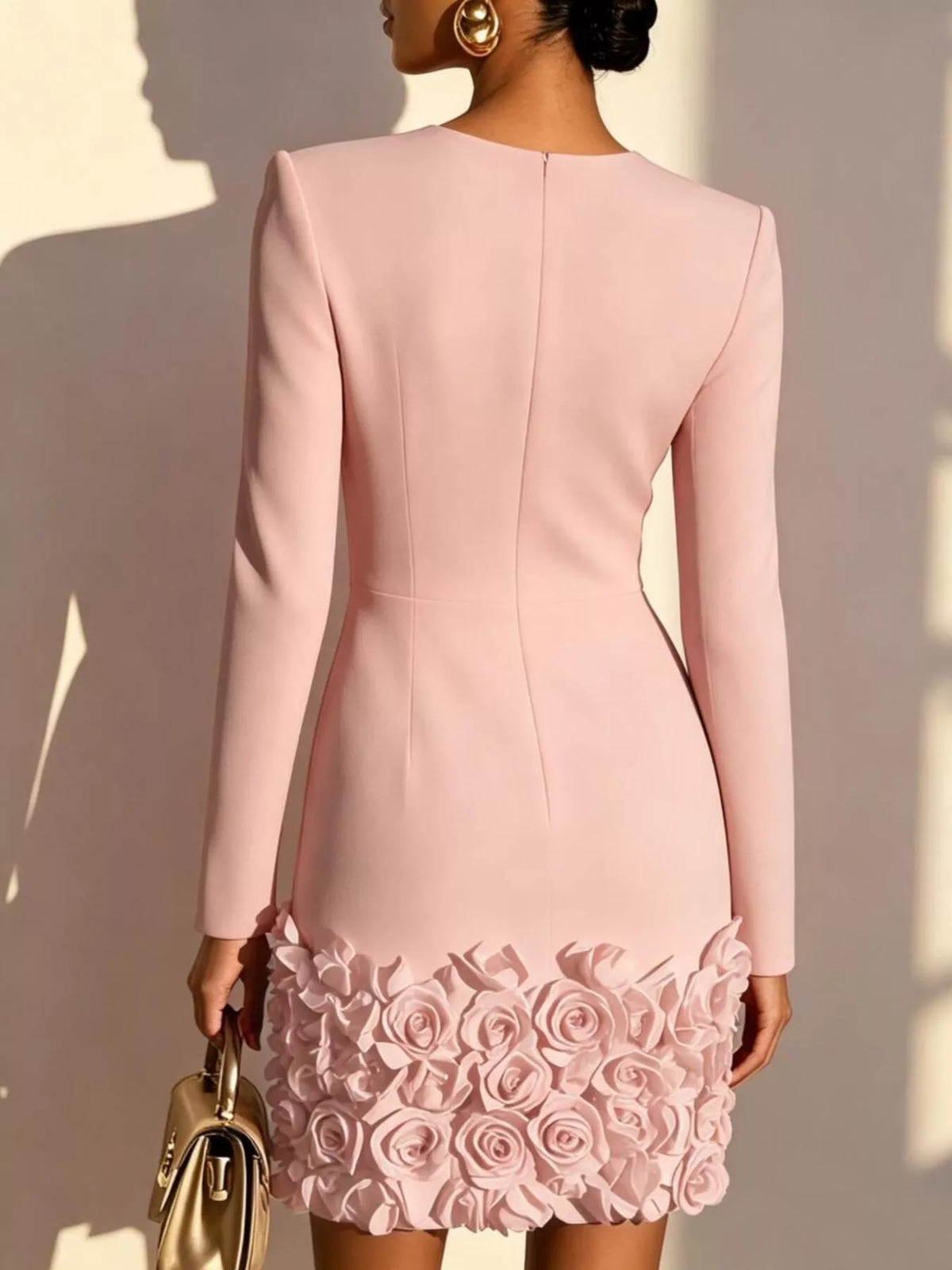 V-neck rose-hem mini dress in pink, back view