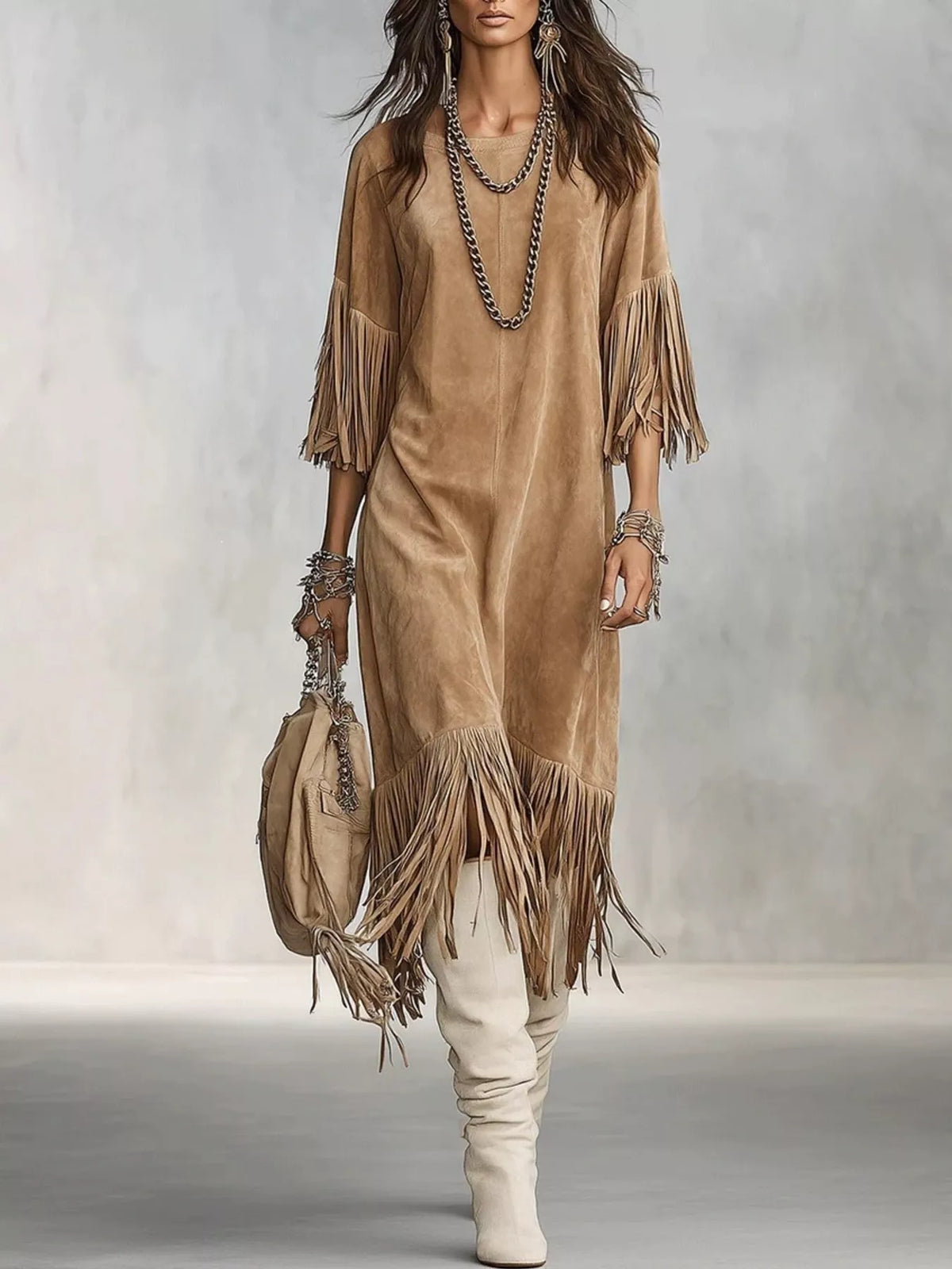 Tan fringed asymmetric-hem midi dress, full front view