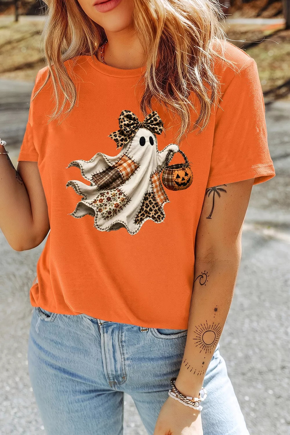 Orange Halloween Ghost Graphic Short Sleeve T-Shirt front lifestyle view