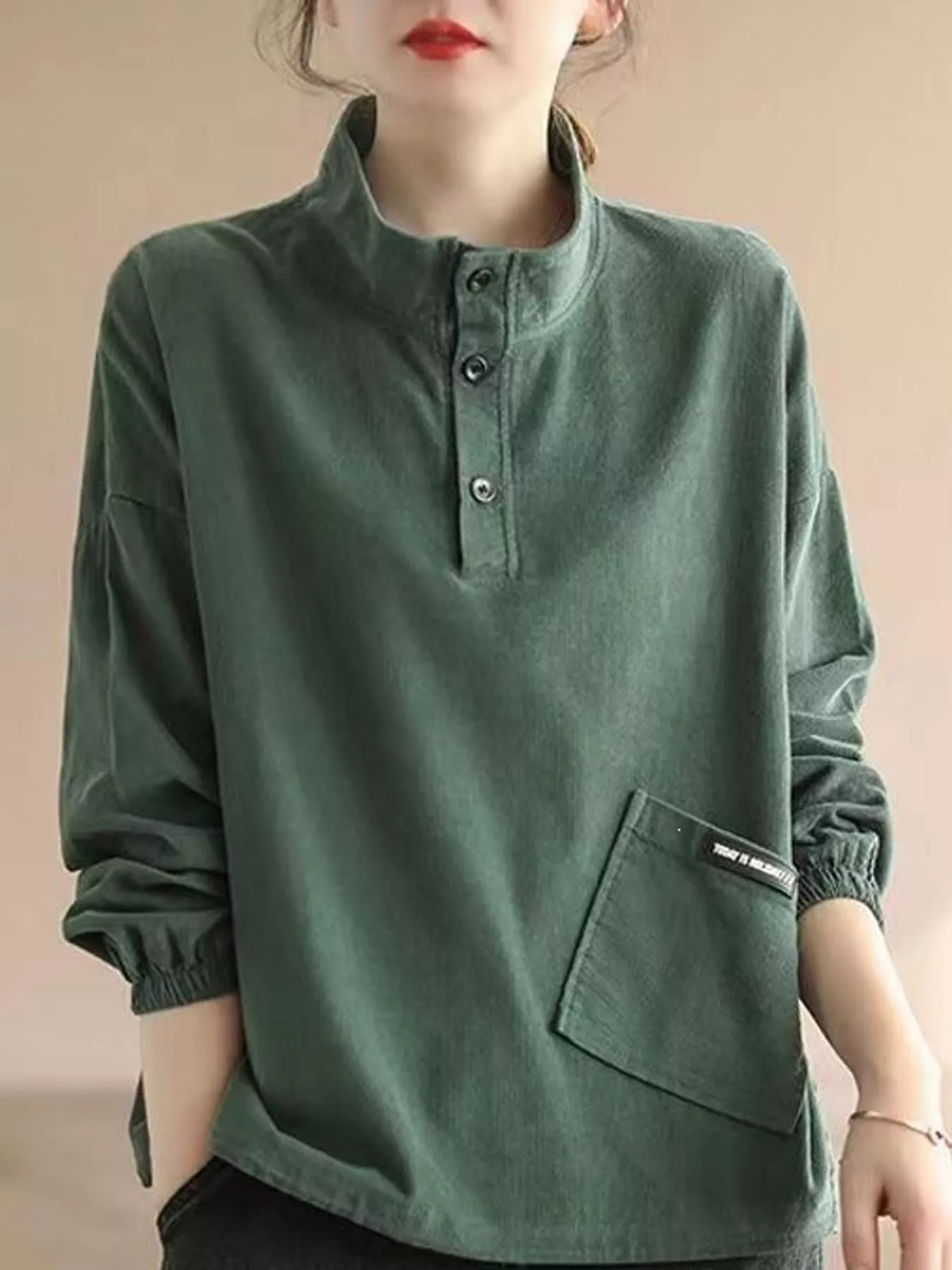 Green-New Arrival-Spring And Fall button detail dropped shoulder sweatshirt