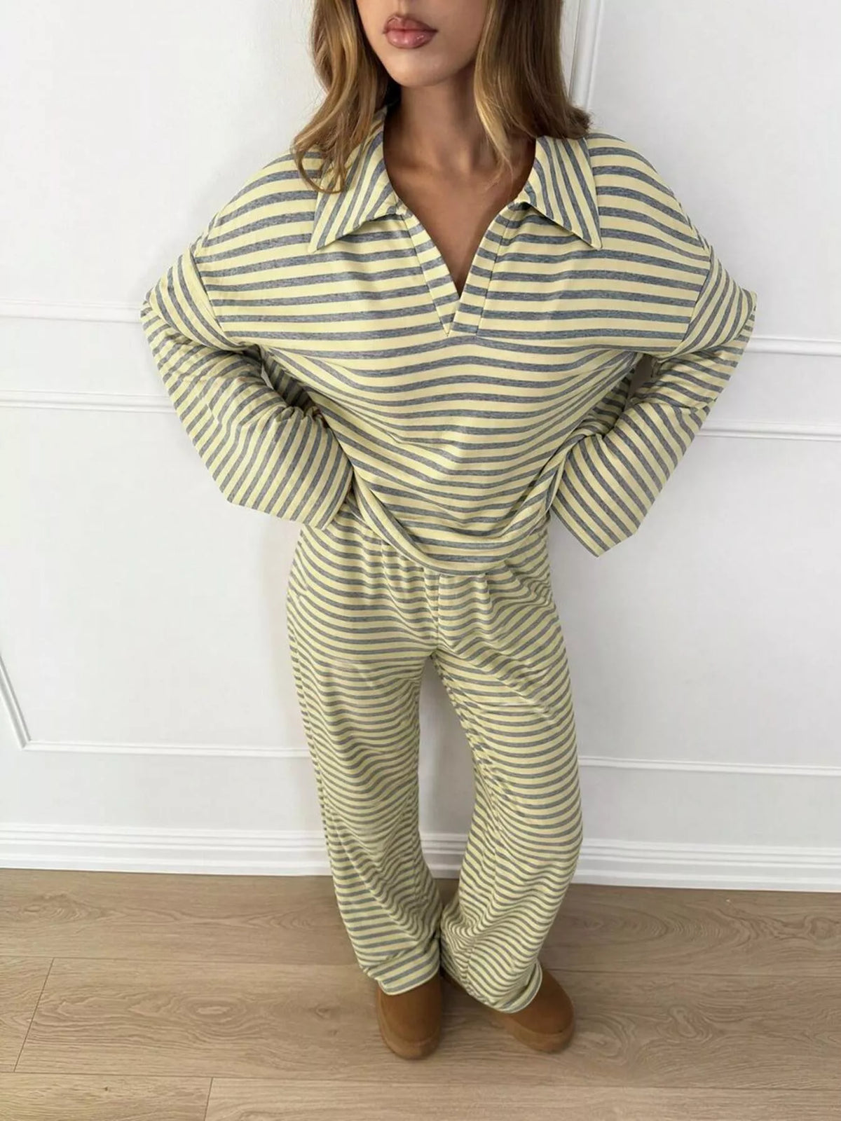 Striped Polo Top and Wide-Leg Pants Set, front view