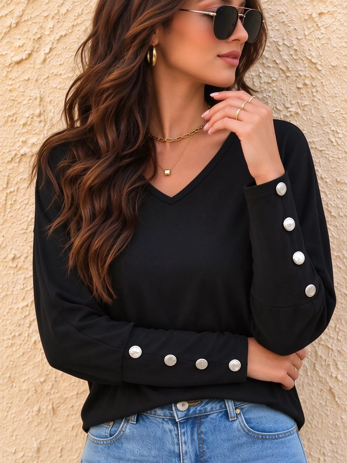 Decorative Button V-Neck Long Sleeve T-Shirt, detail view in black