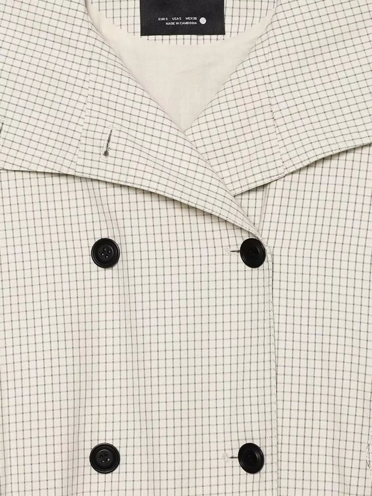 Wide collar and buttons on cream check plaid double-breasted cropped jacket