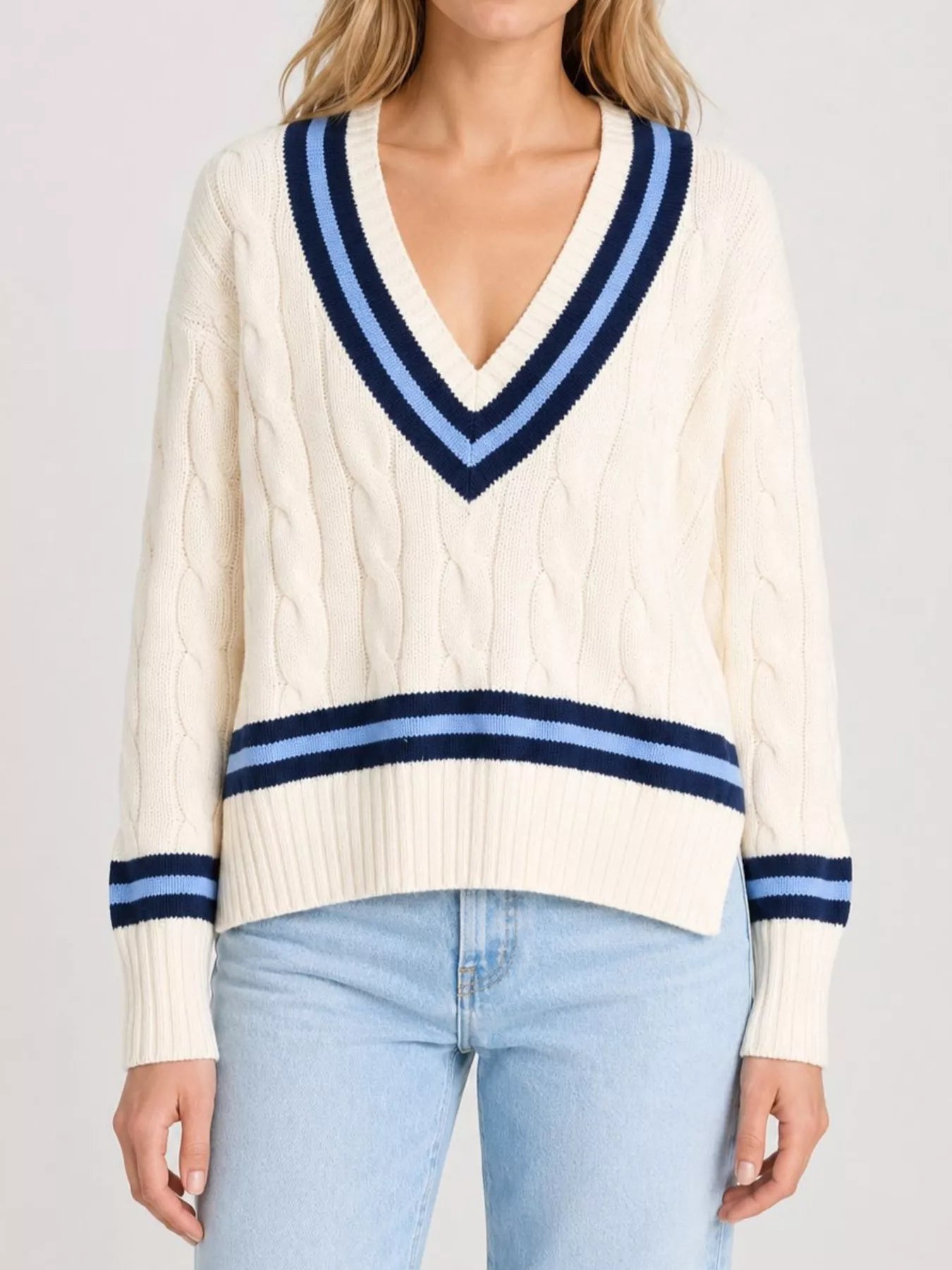 Trendsi V-Neck Cable Knit Sweater with Contrast Striped Trim -