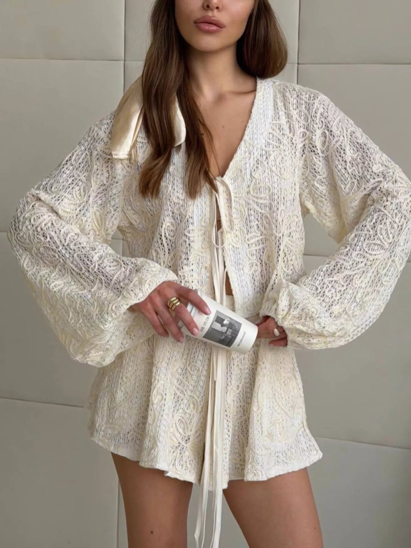 Trendsi Lace Crochet Tie Front Top and Shorts Two-Piece Lounge Set -