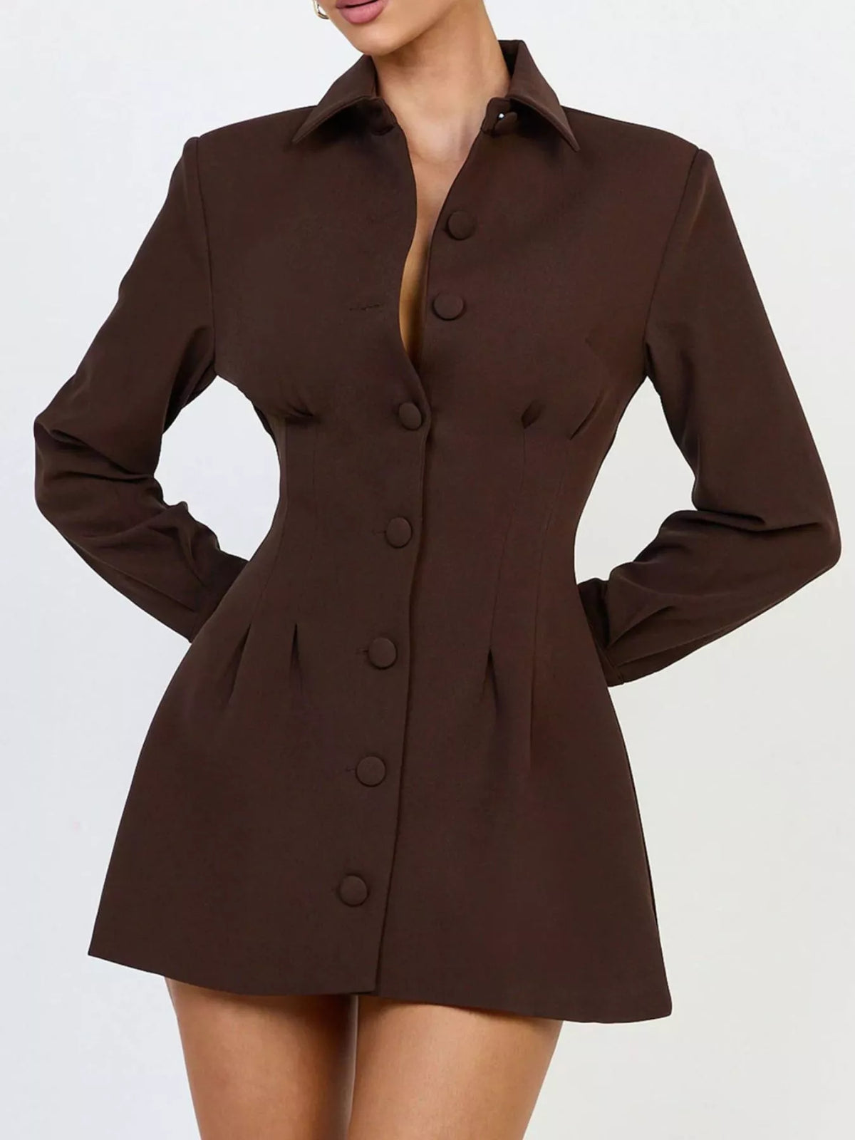 Corset-style mini blazer dress — brown front angled view.