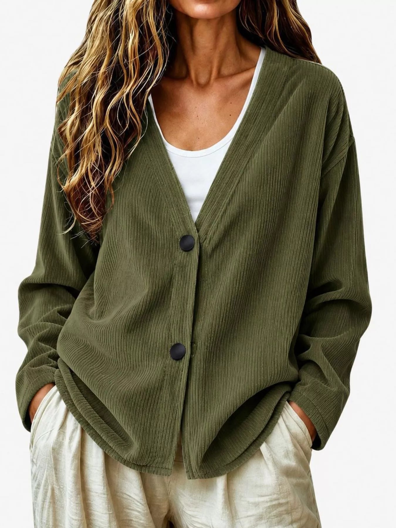 Trendsi Casual Corduroy Button-Up Cardigan -