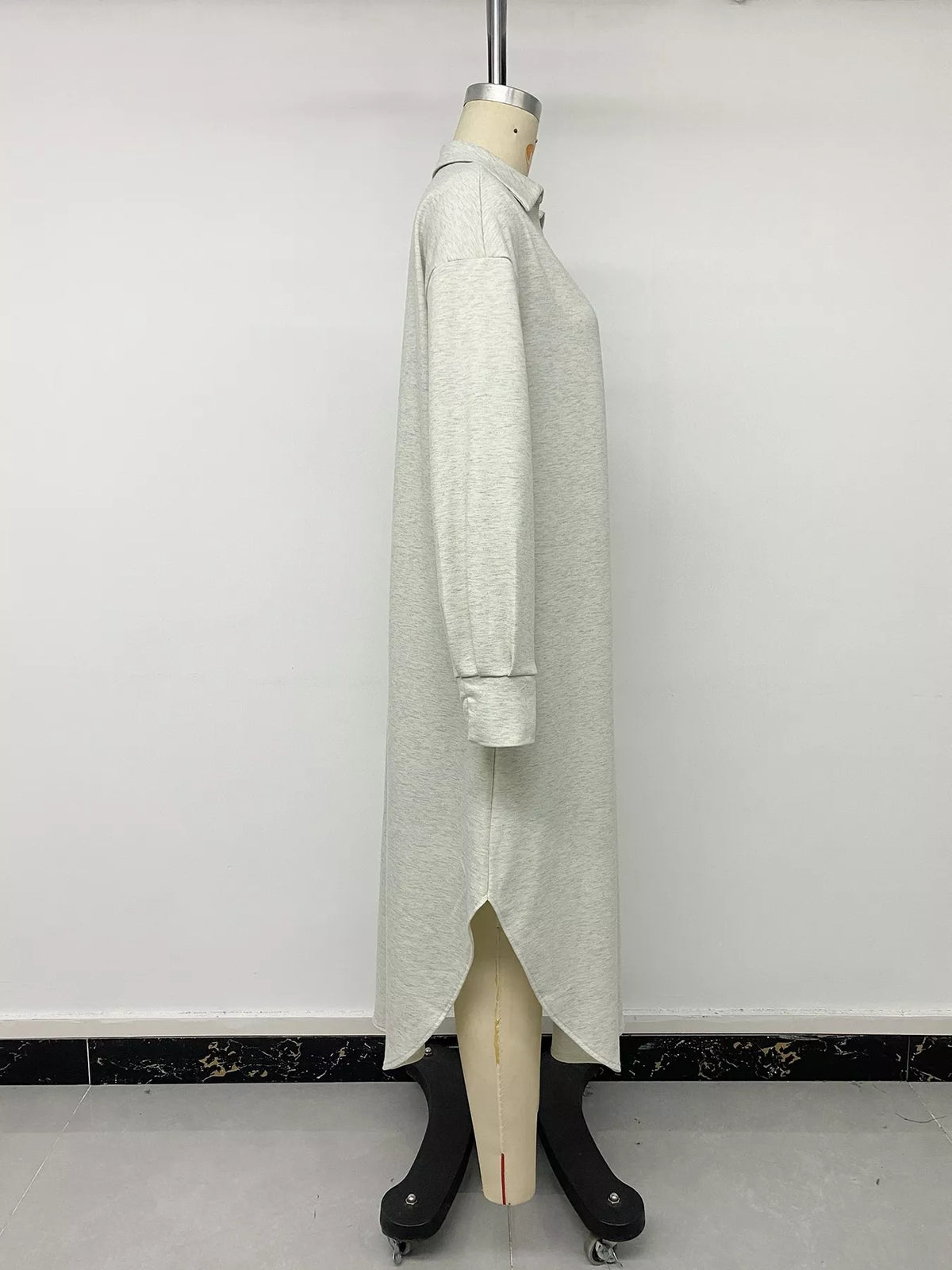Light gray polo-collar midi dress, side on mannequin