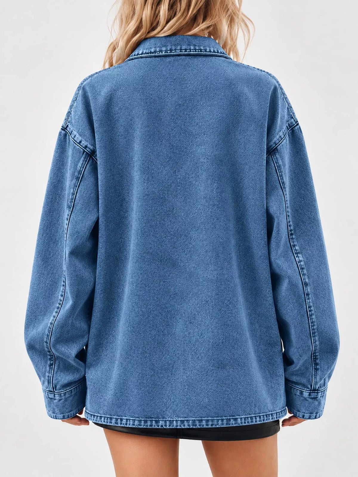 Button-Up Dropped Shoulder Denim Shacket — back view
