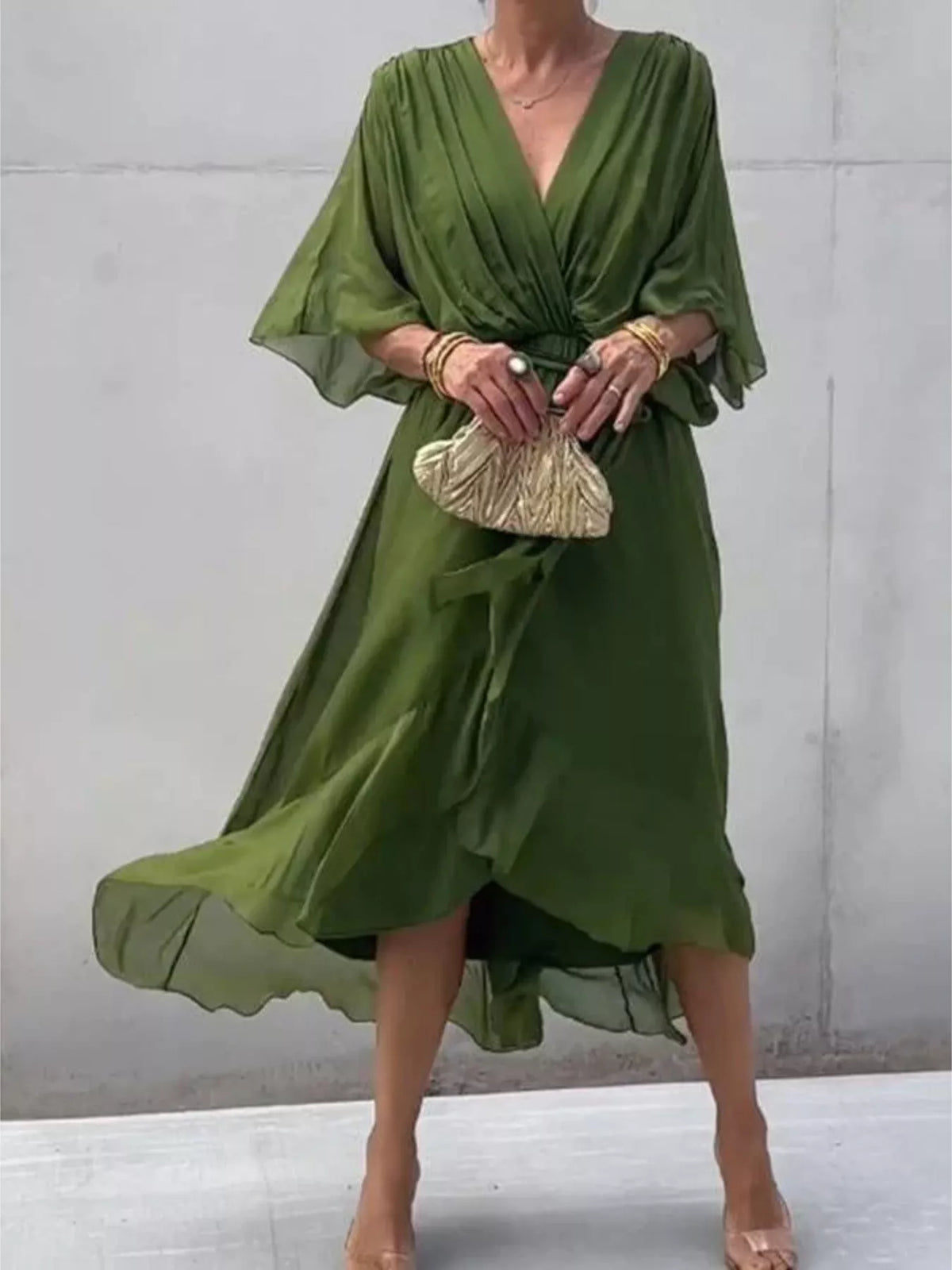 Trendsi Full Size Chiffon Wrap Dress with Flutter Sleeves Plus Size -