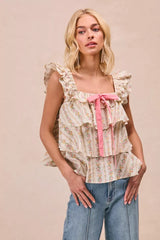 Trendsi BiBi Floral Printed Woven Front Bow Tied Ruffled Square Neck Sleeveless Top -