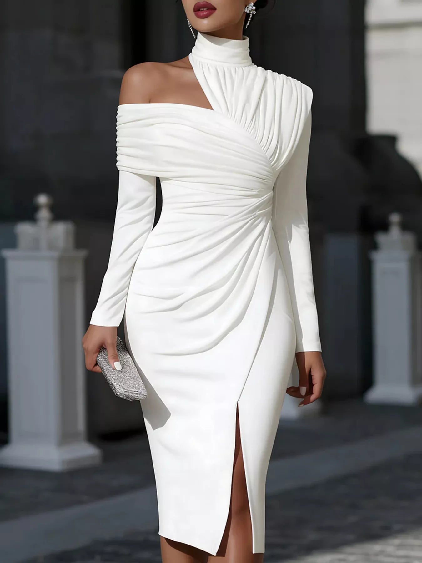 Trendsi Asymmetrical Neck Ruched Slit Dress -