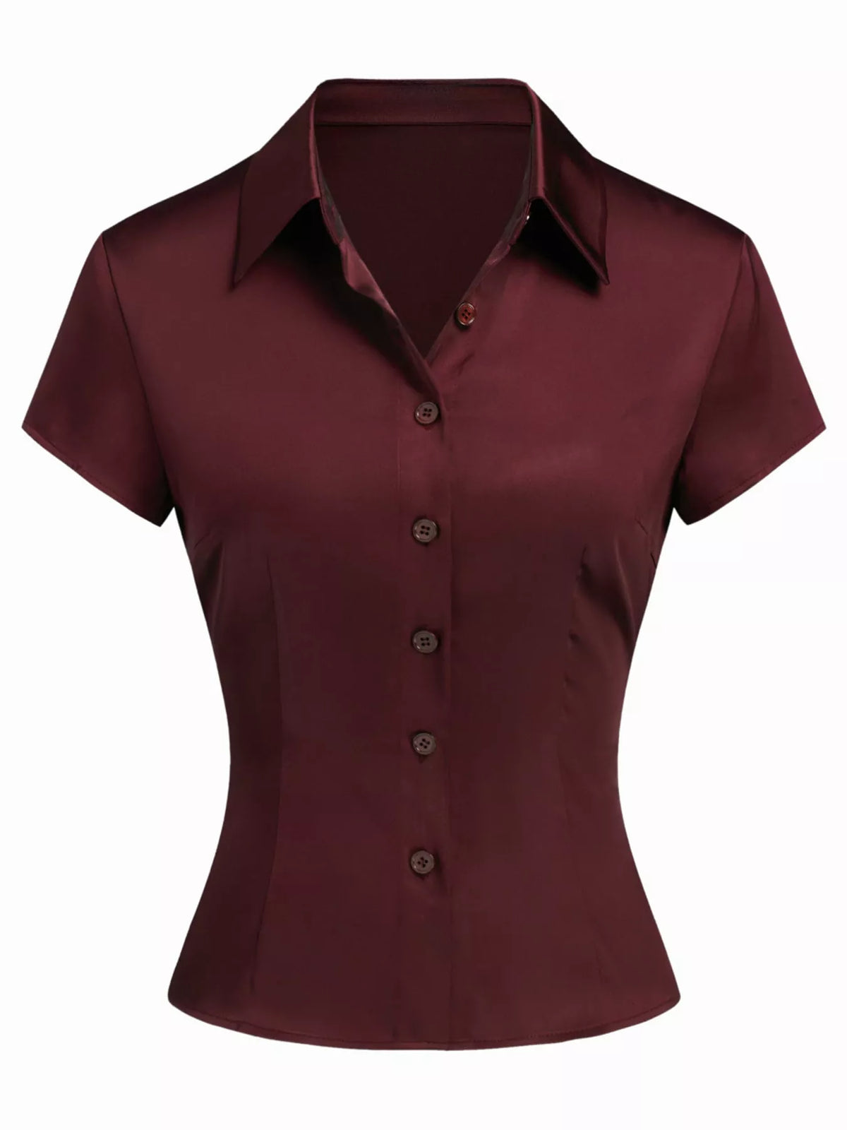 Satin Short Sleeve Button-Down Shirt in burgundy