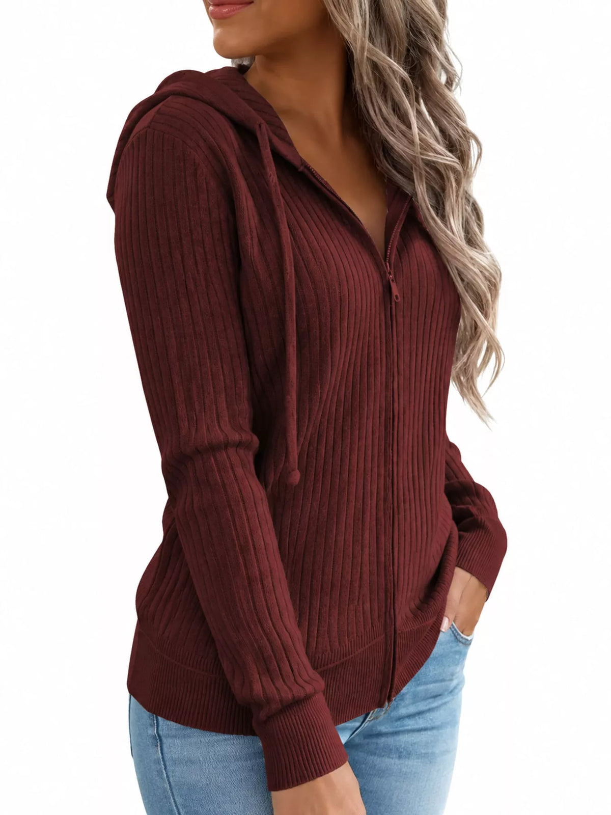 Burgundy Ribbed Knit Zip-Up Hooded Cardigan, side view