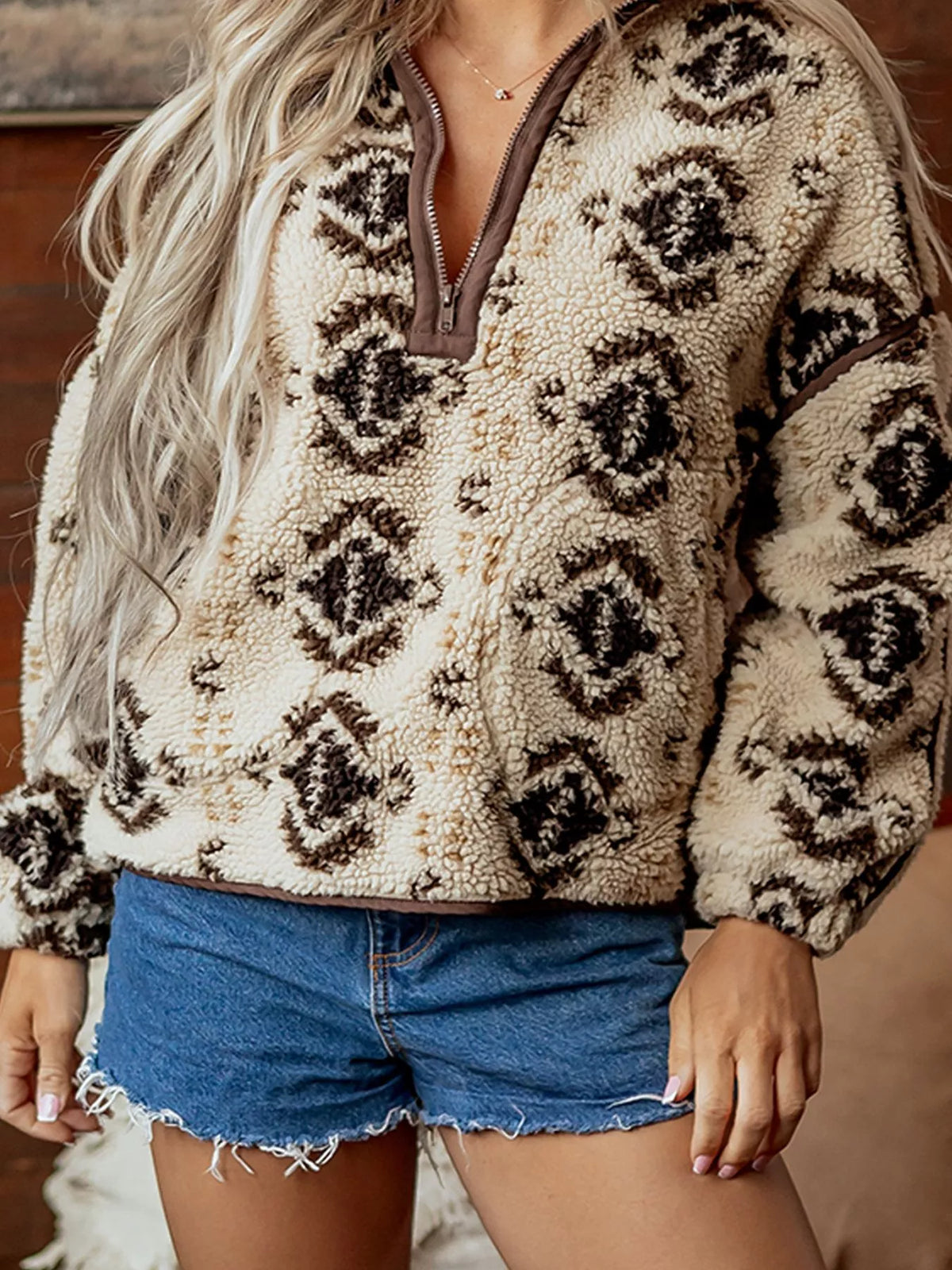 Aztec Print Quarter-Zip Sherpa Sweatshirt in khaki, front view