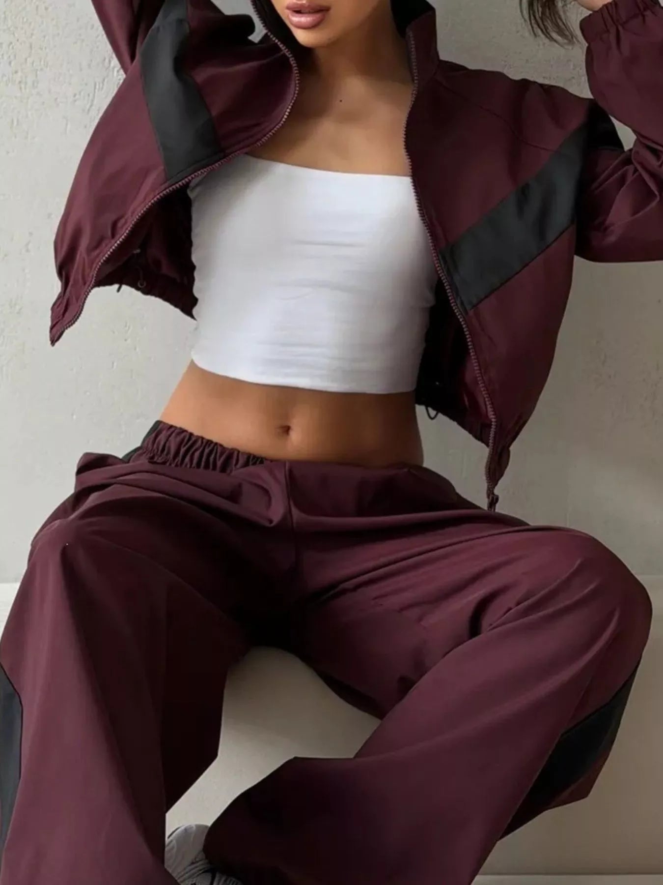 Trendsi Color Block Zip Up Outerwear and Pants Set -