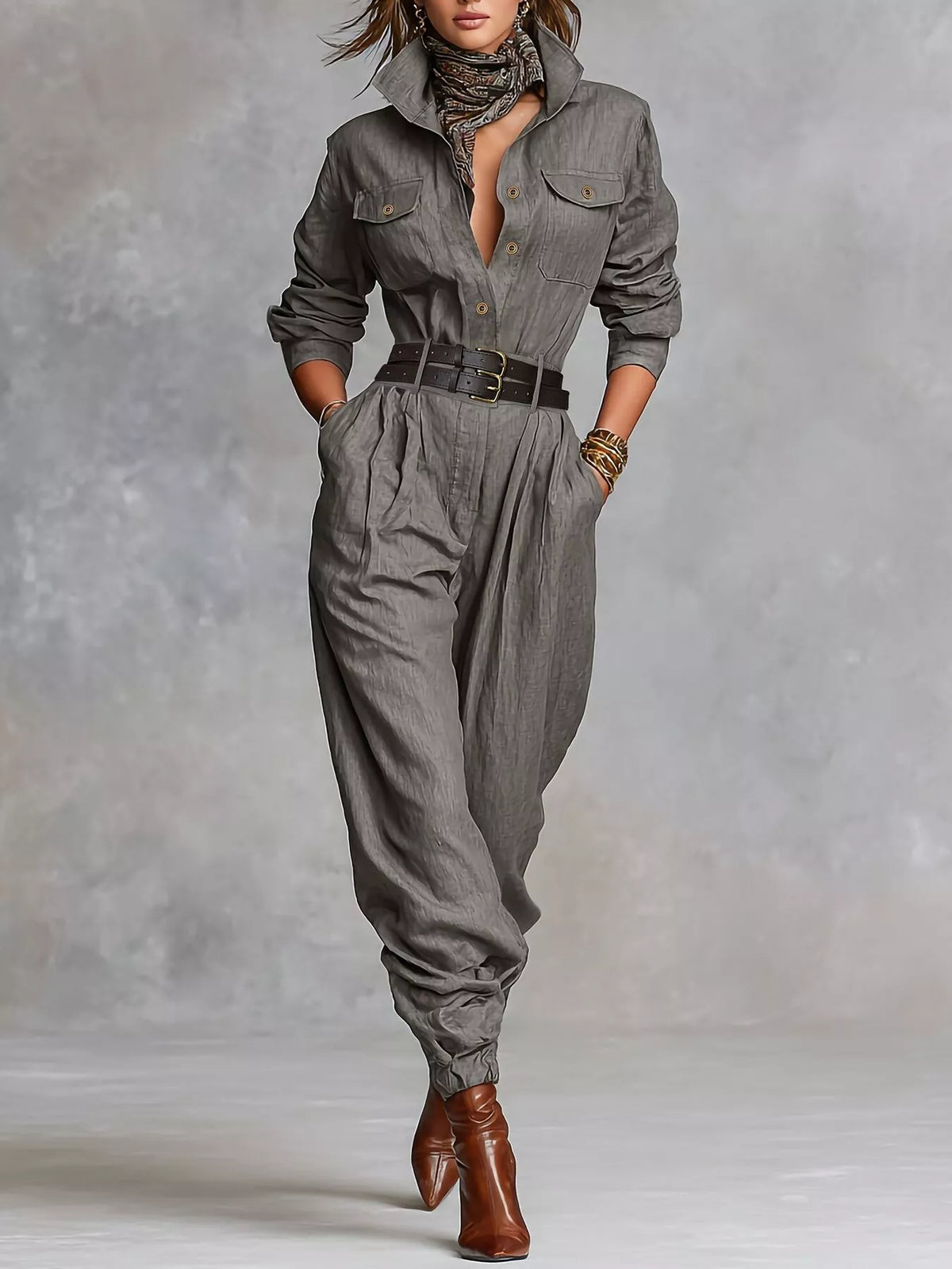 Button Front Long-Sleeve Jumpsuit in gray, front view