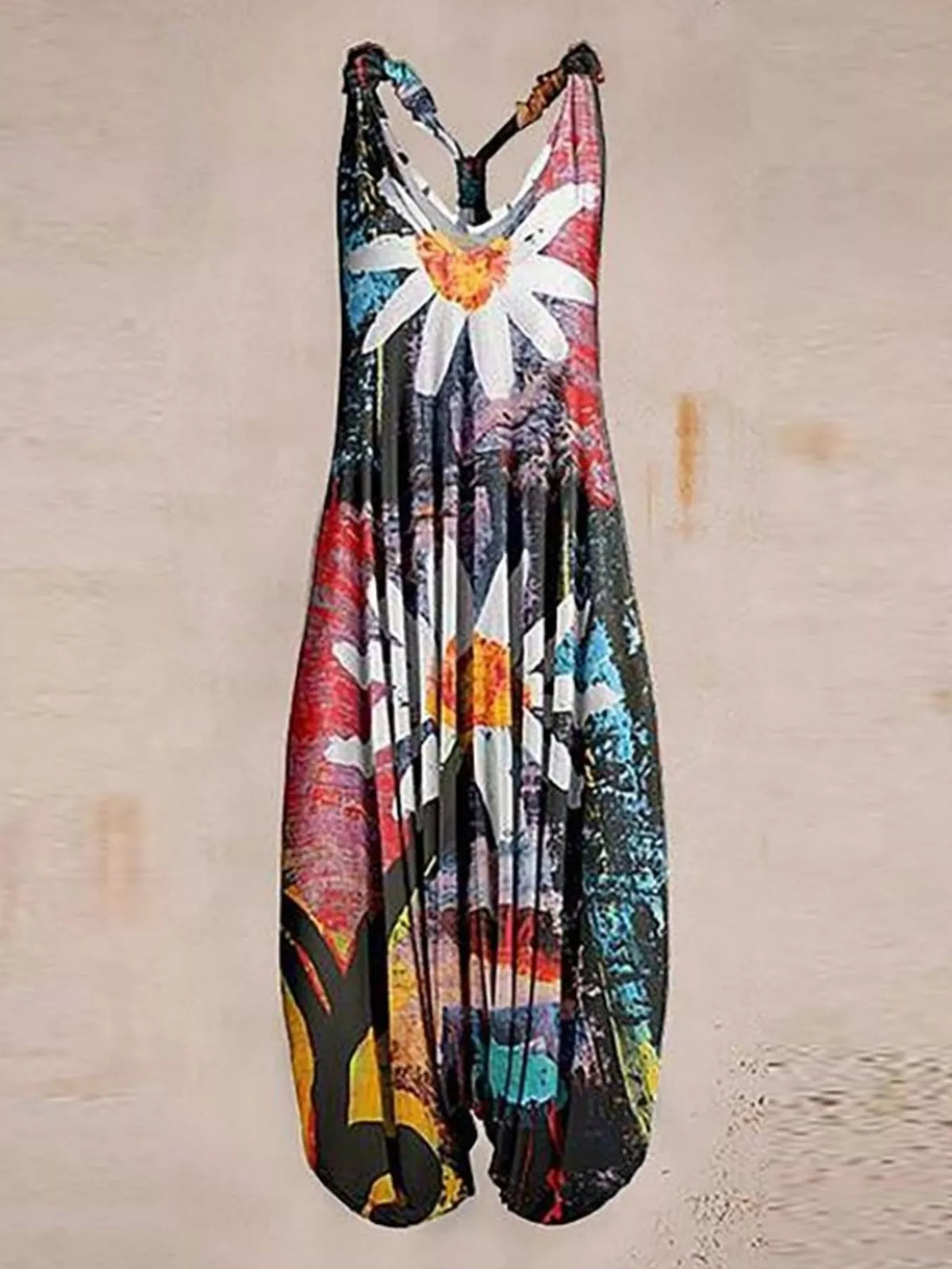 Multicolor daisy-print V-neck sleeveless jumpsuit