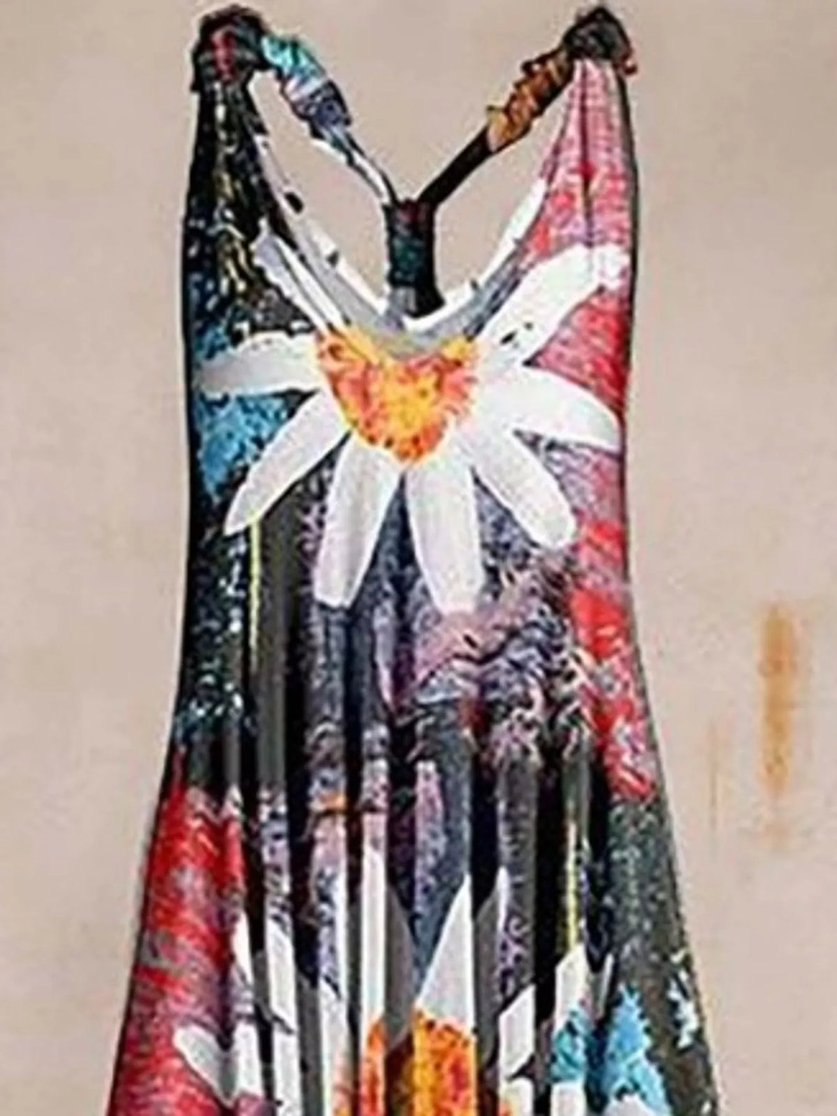Multicolor daisy-print V-neck sleeveless jumpsuit, neckline and strap detail