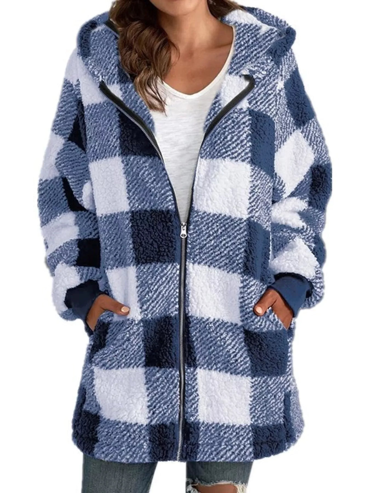 Blue and white plaid sherpa hooded zip up jacket, front view