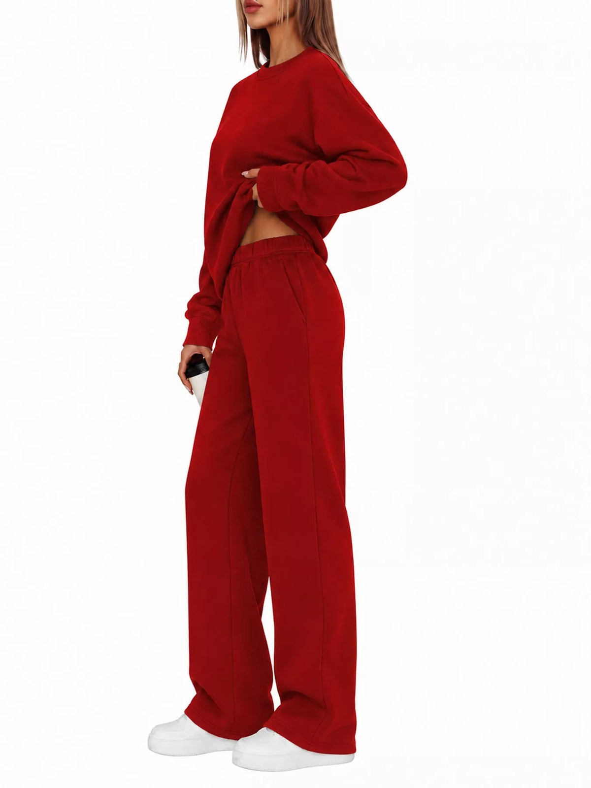 Crewneck Drop Shoulder Sweatshirt and Wide-Leg Pants Set — side view