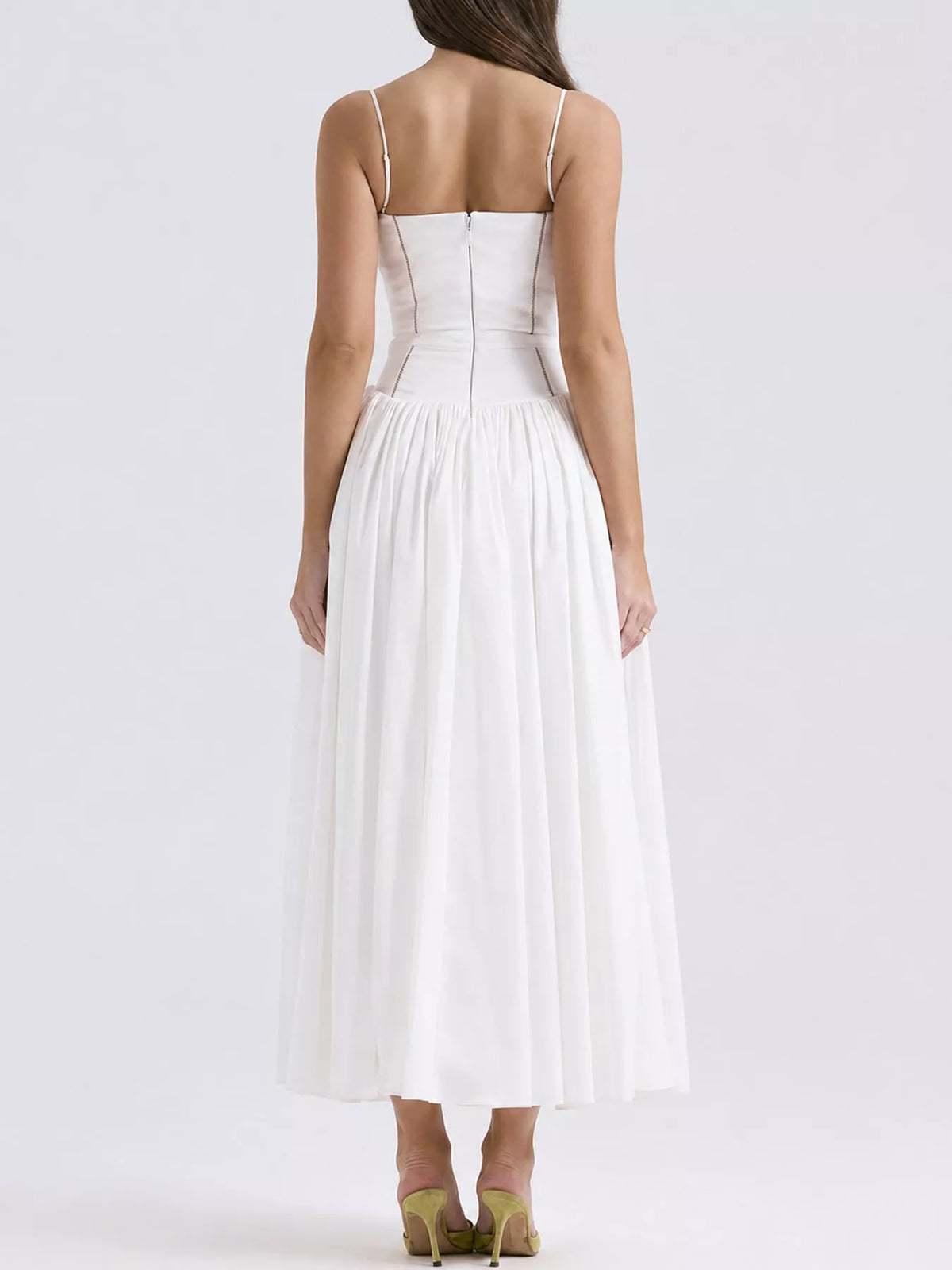 Women's Paneled Bodice Gathered Midi Dress in white — back view