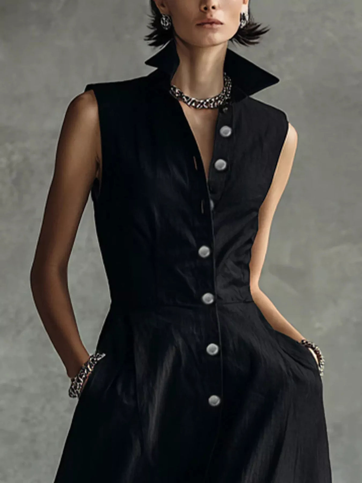 Black button-down midi shirt dress, collar, button front, and fitted waist