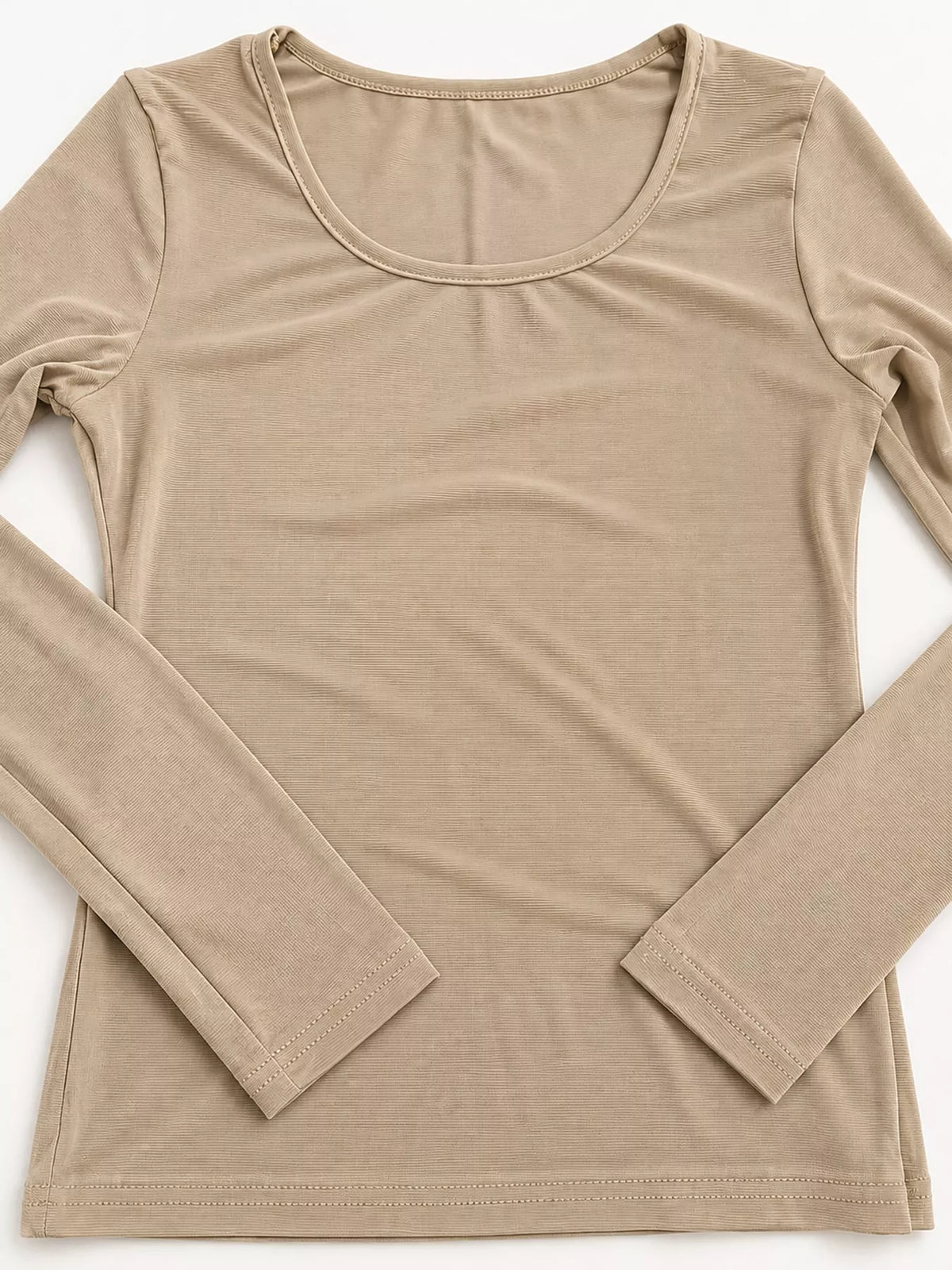 Beige mesh long sleeve top, front laid flat