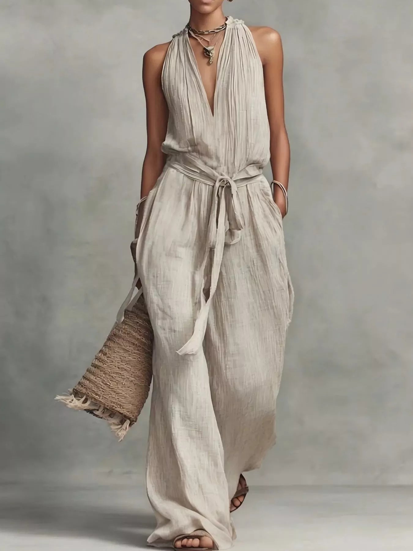 Trendsi Sleeveless Wide-Leg Jumpsuit with Tie-Waist -