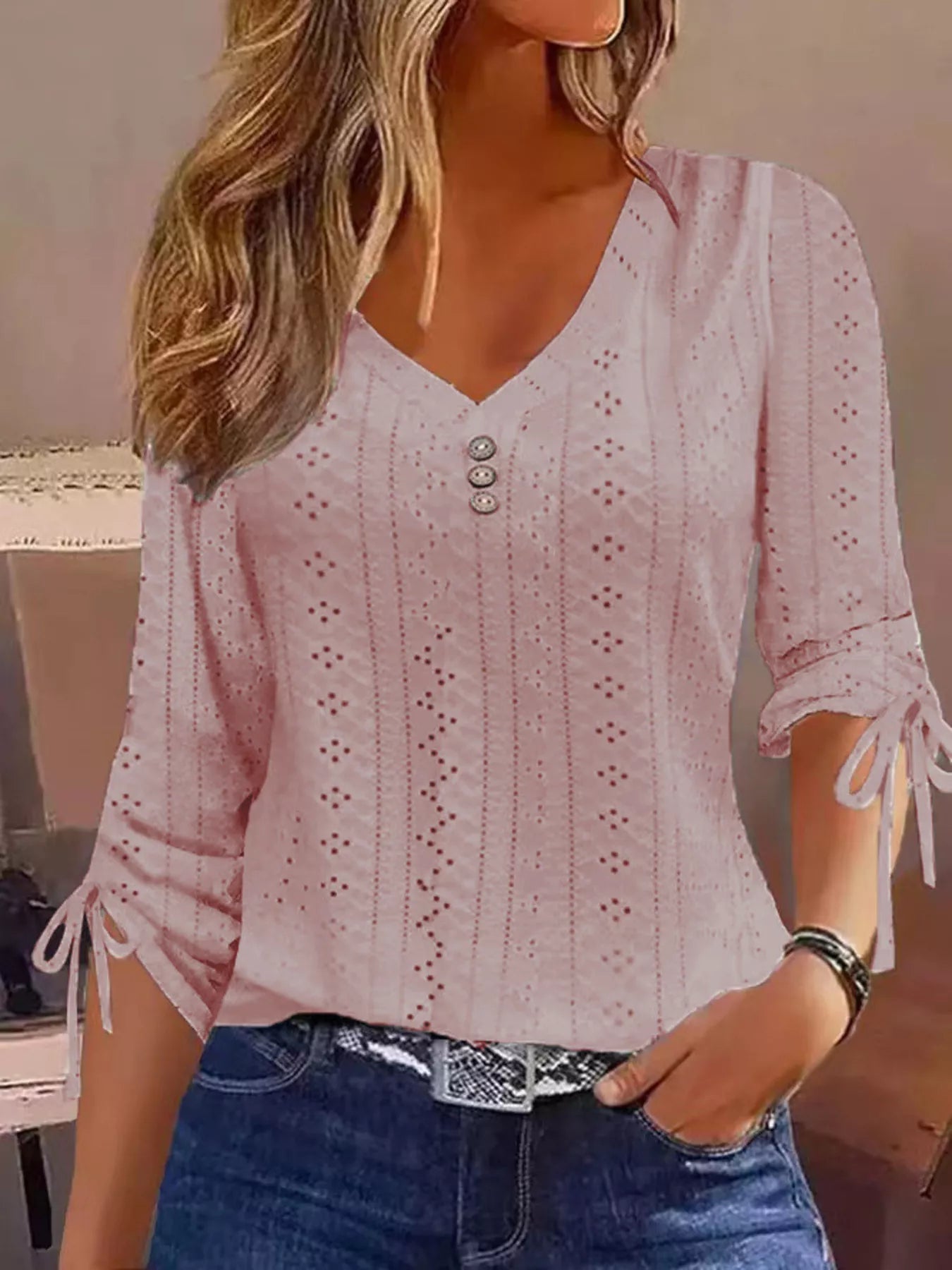 Trendsi Full Size V-Neck Eyelet Drawstring Sleeve Top Plus Size -