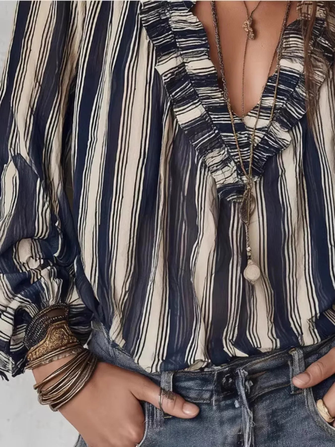 Trendsi Striped Balloon Sleeve Blouse -
