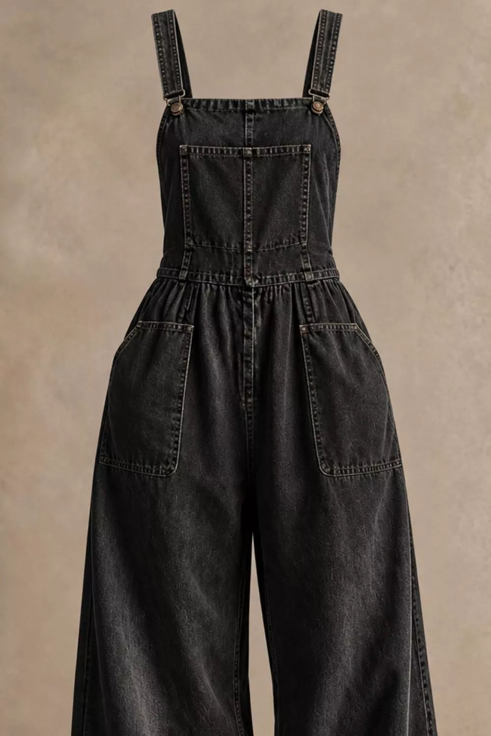 Vintage Wash Wide-Leg Denim Overalls with Pockets — garment front
