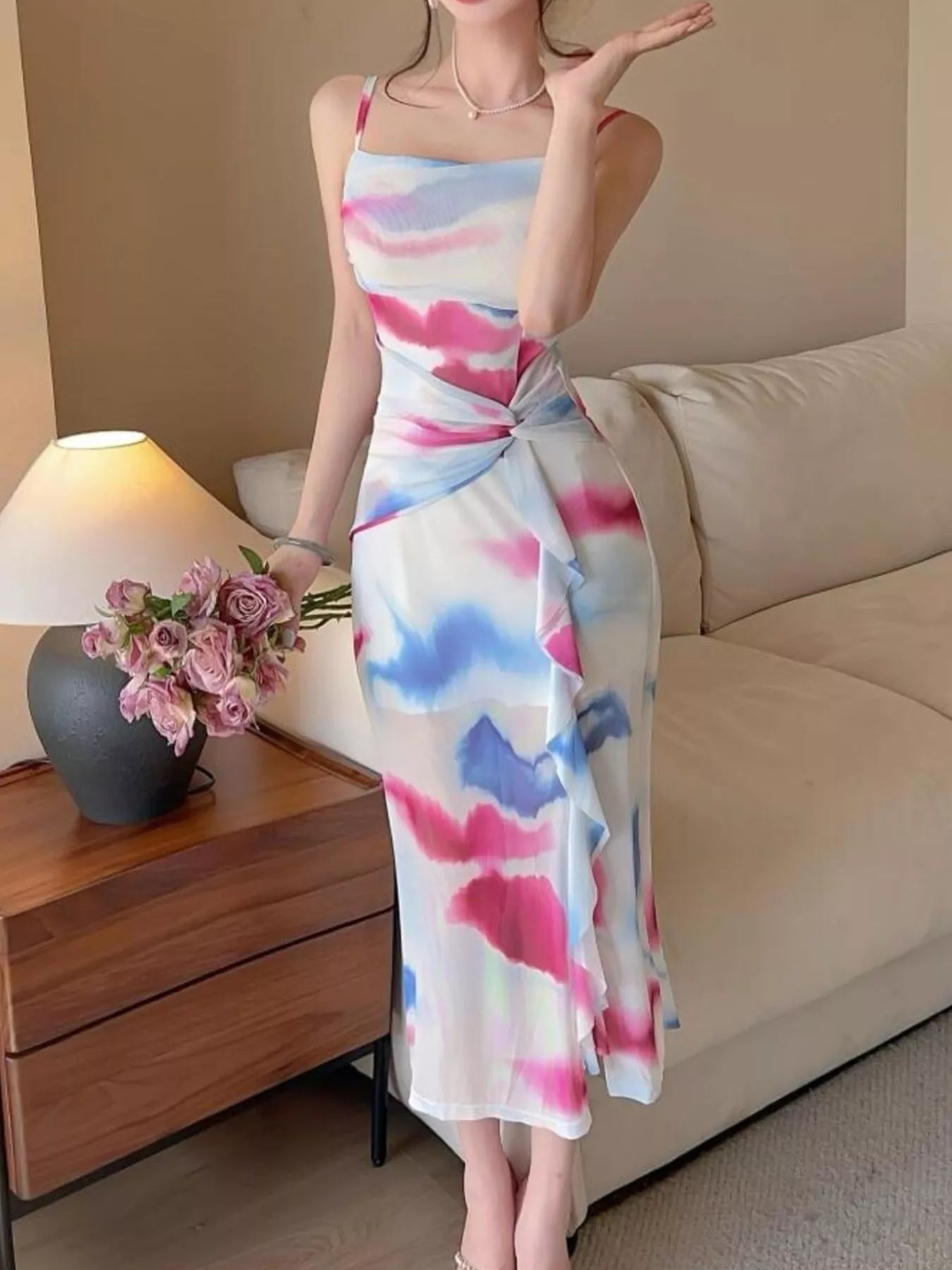 Trendsi Abstract Watercolor Print Ruched Midi Dress -