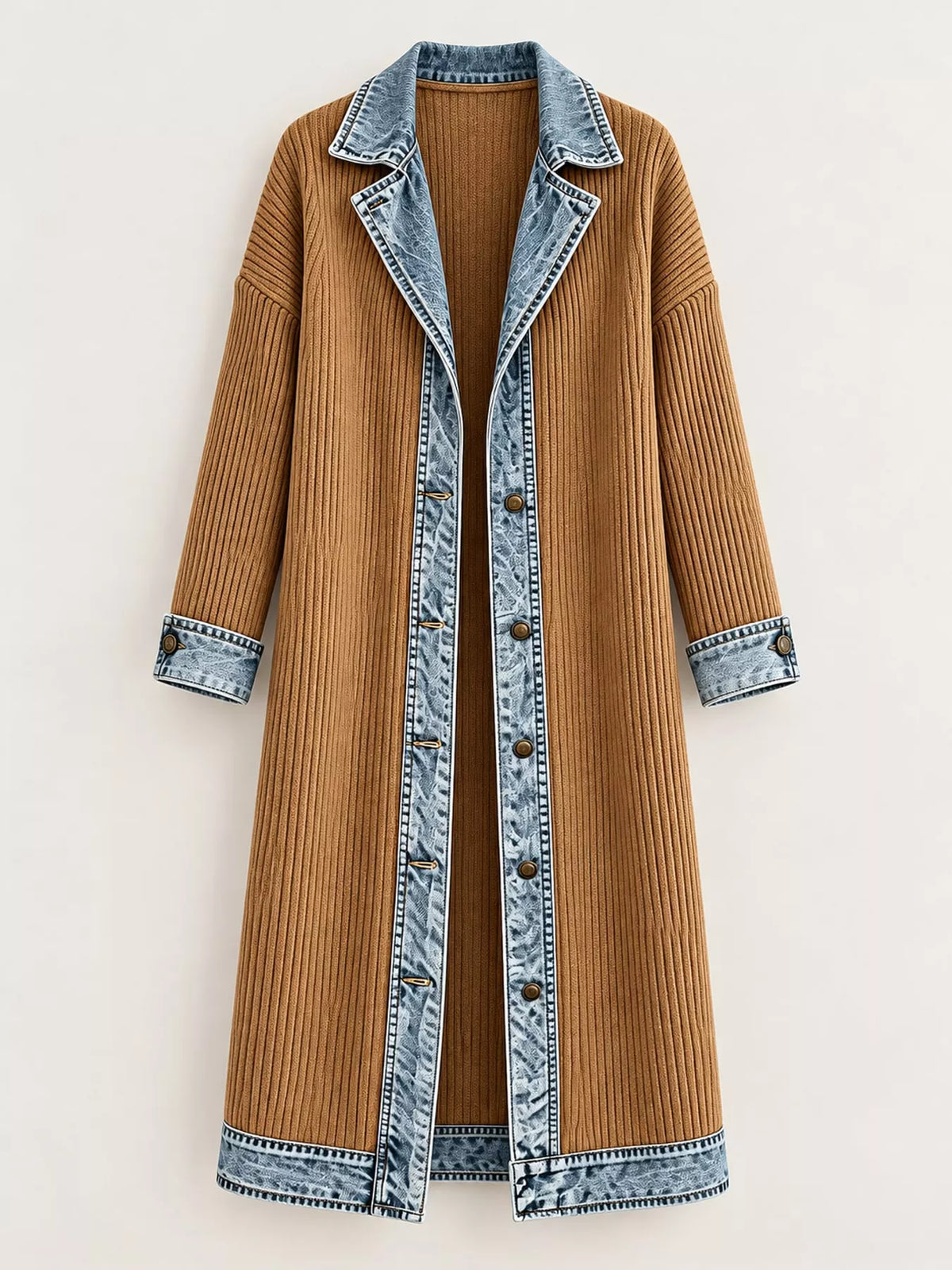 Dark Brown Real Denim denim-trimmed ribbed knit longline cardigan