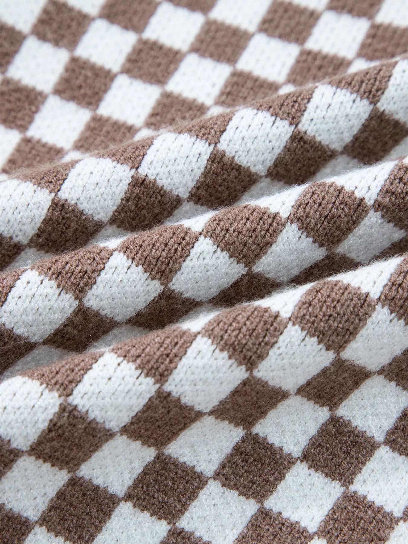 Trendsi Half Button Ribbed Trim Checkerboard Knit Sweater -