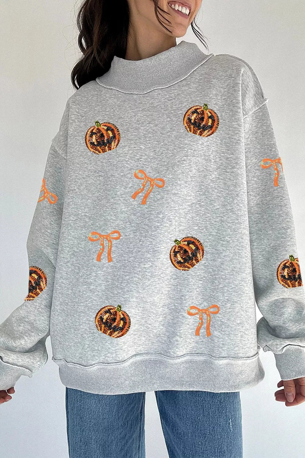 Women's light gray sequin pumpkin bow Halloween sweatshirt