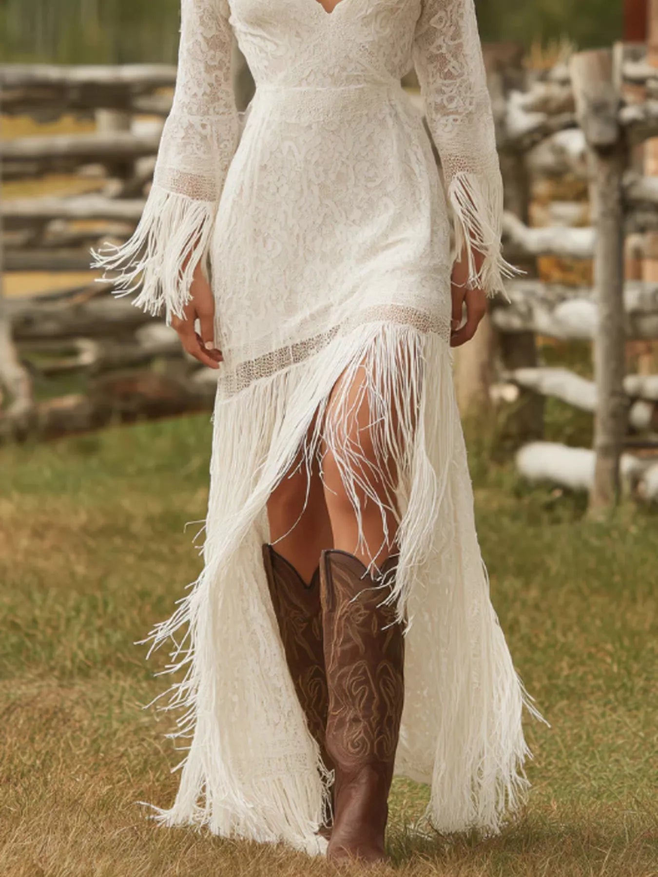 Trendsi Lace Fringe V-Neck Maxi Dress -
