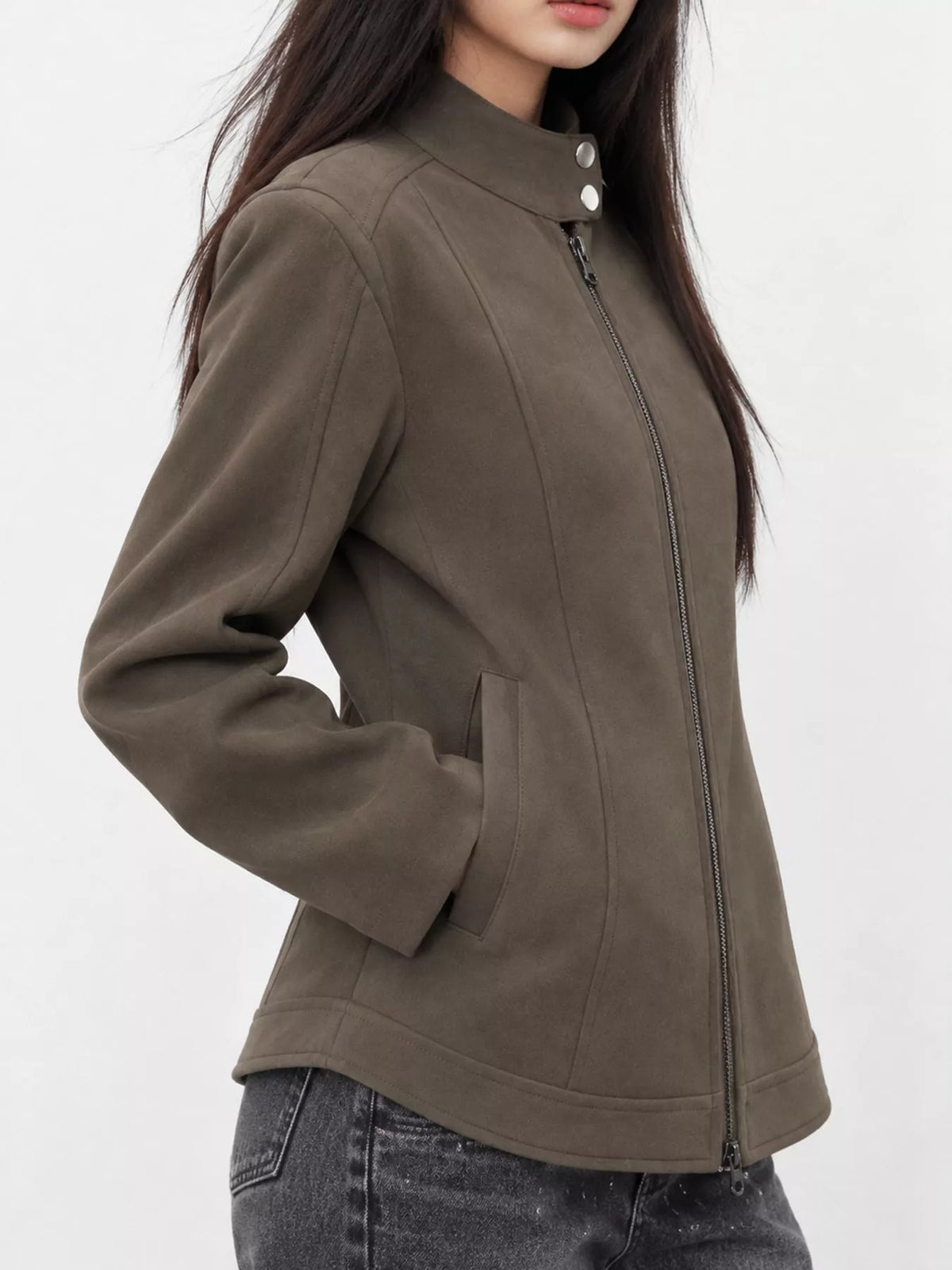 Women's Zip Up Cropped Jacket in brown — side view