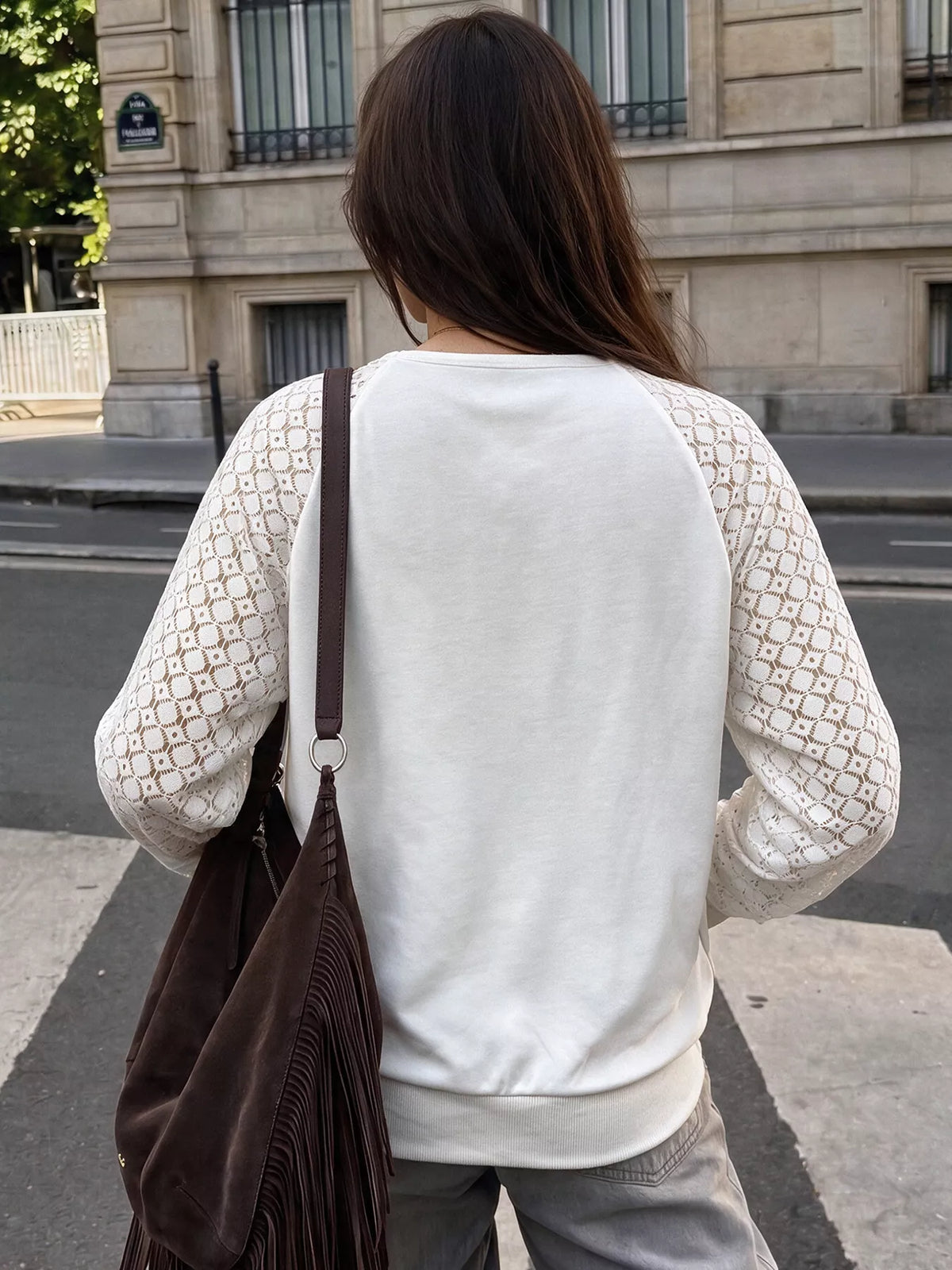 White lace raglan sleeve sweatshirt, back view