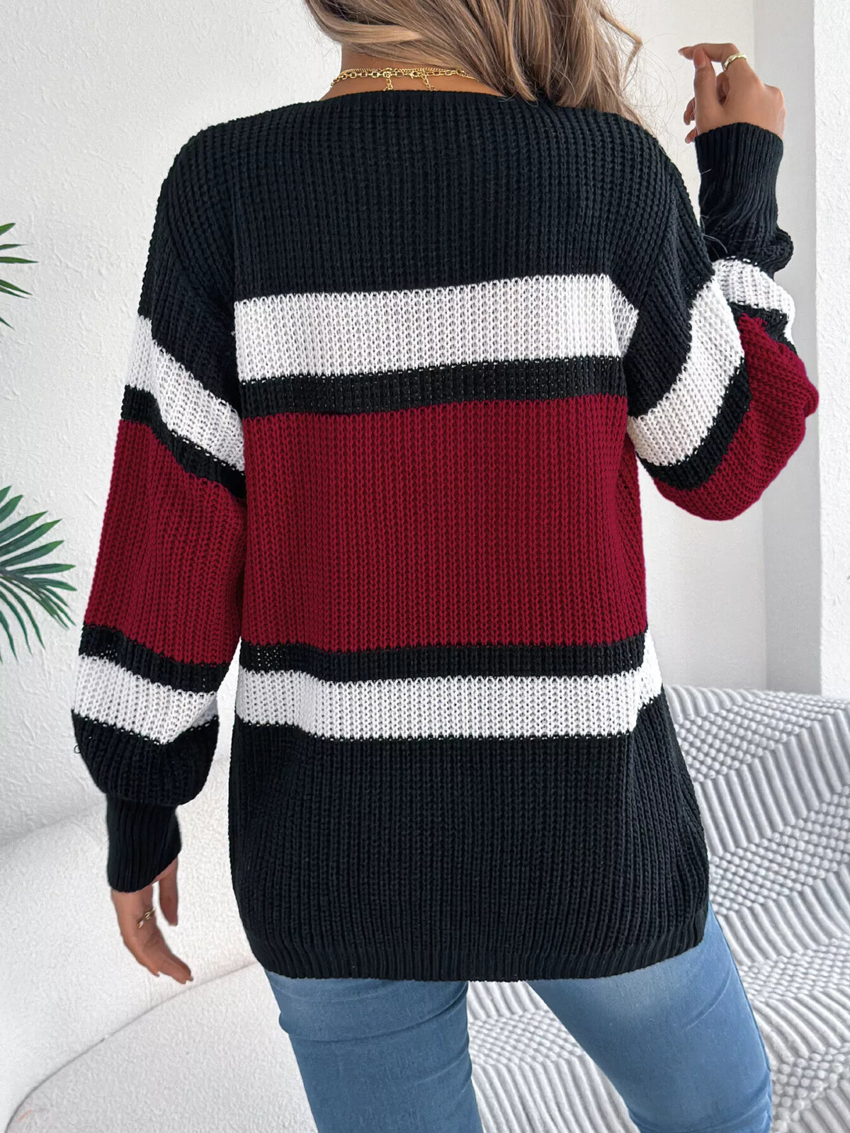 Wine Red color block open front knit cardigan, back view