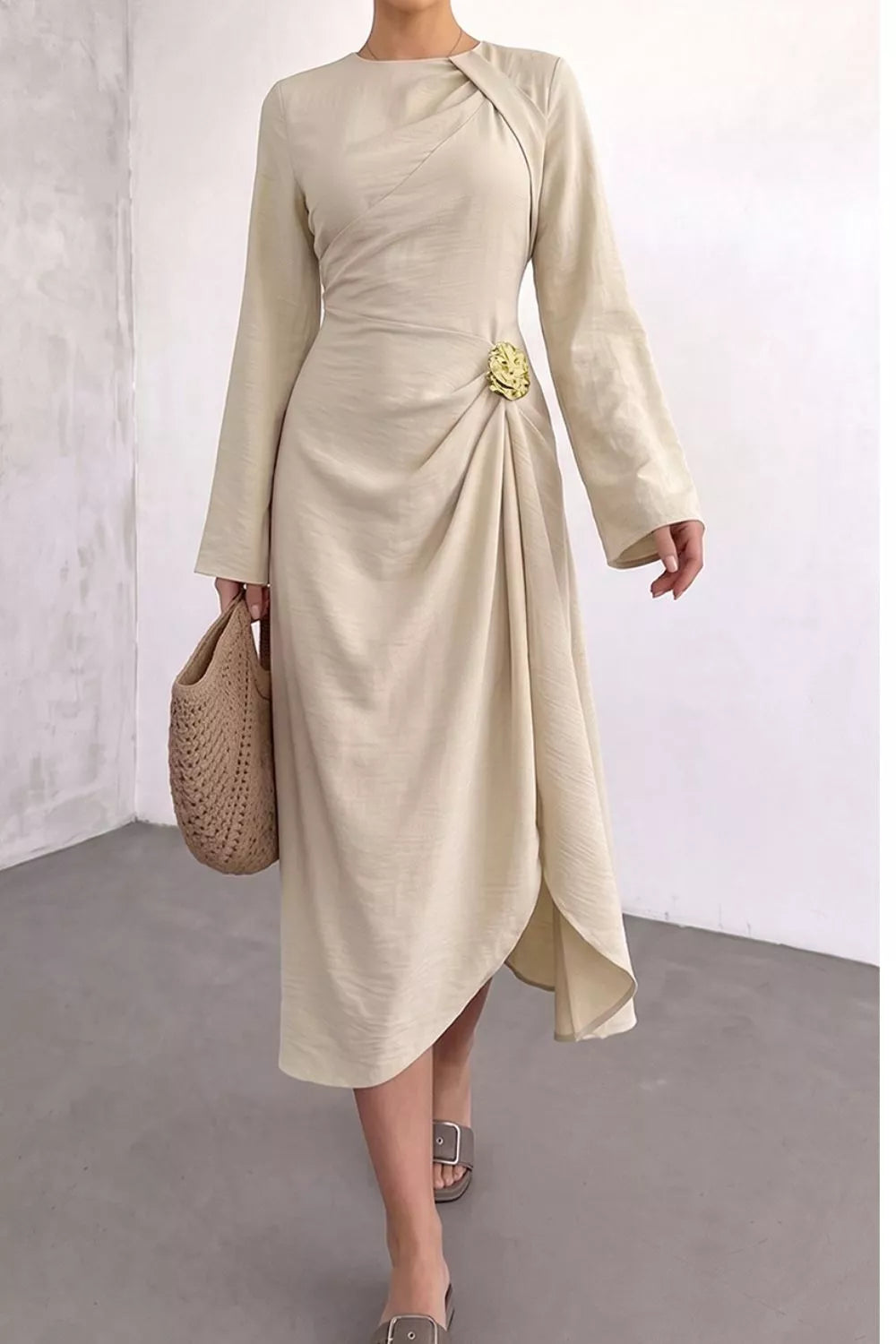 Trendsi Ruched Long Sleeve Midi Dress -