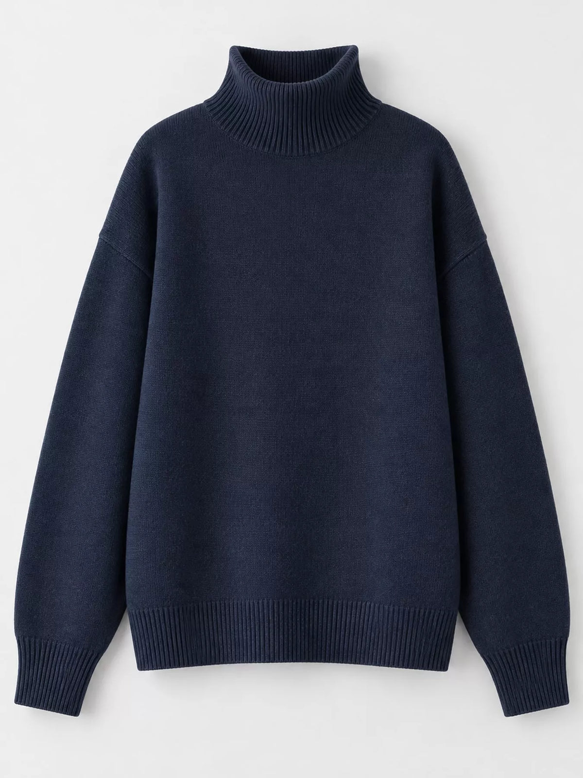Turtleneck sweater, navy flat lay