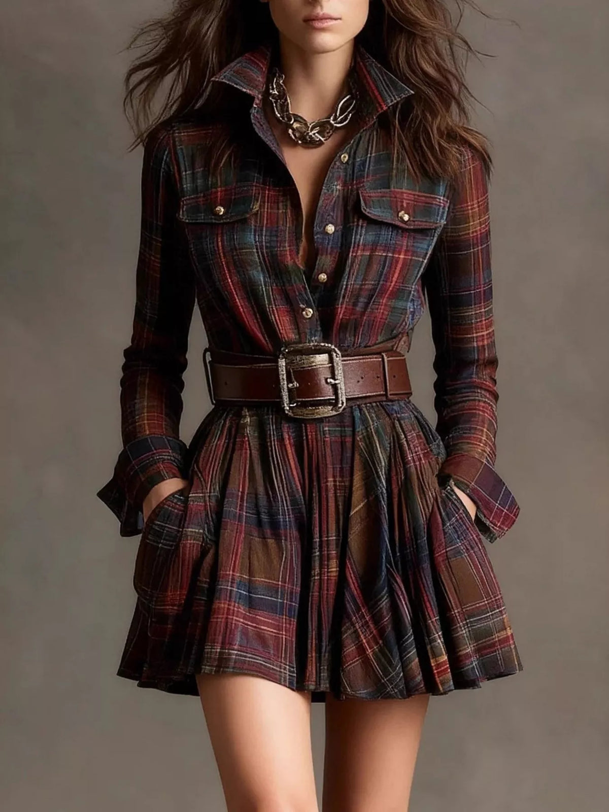 Trendsi Plaid Long Sleeve Shirt Dress -