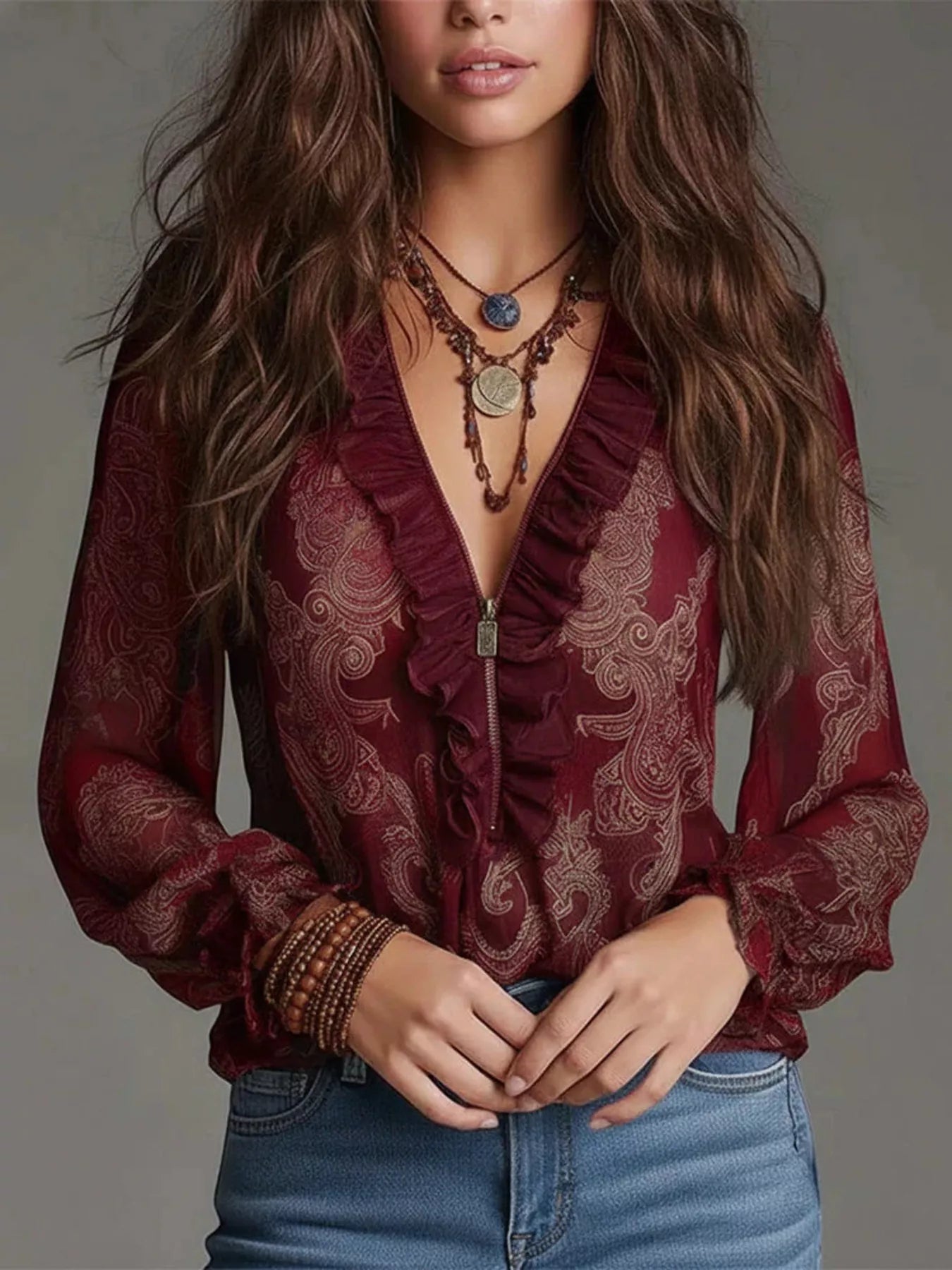 Trendsi Full Size Paisley Print Ruffle Trim Zip-Front Blouse Plus Size -