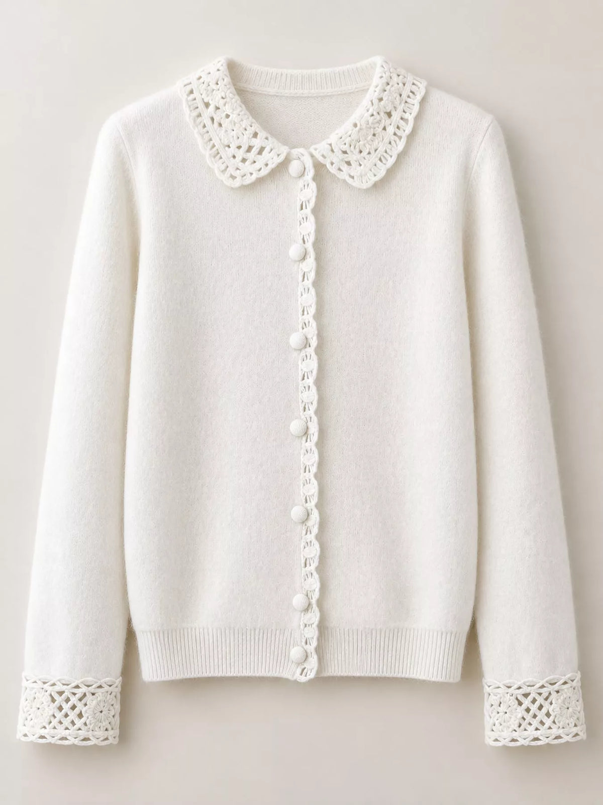 Lace-collar cardigan, white flat lay