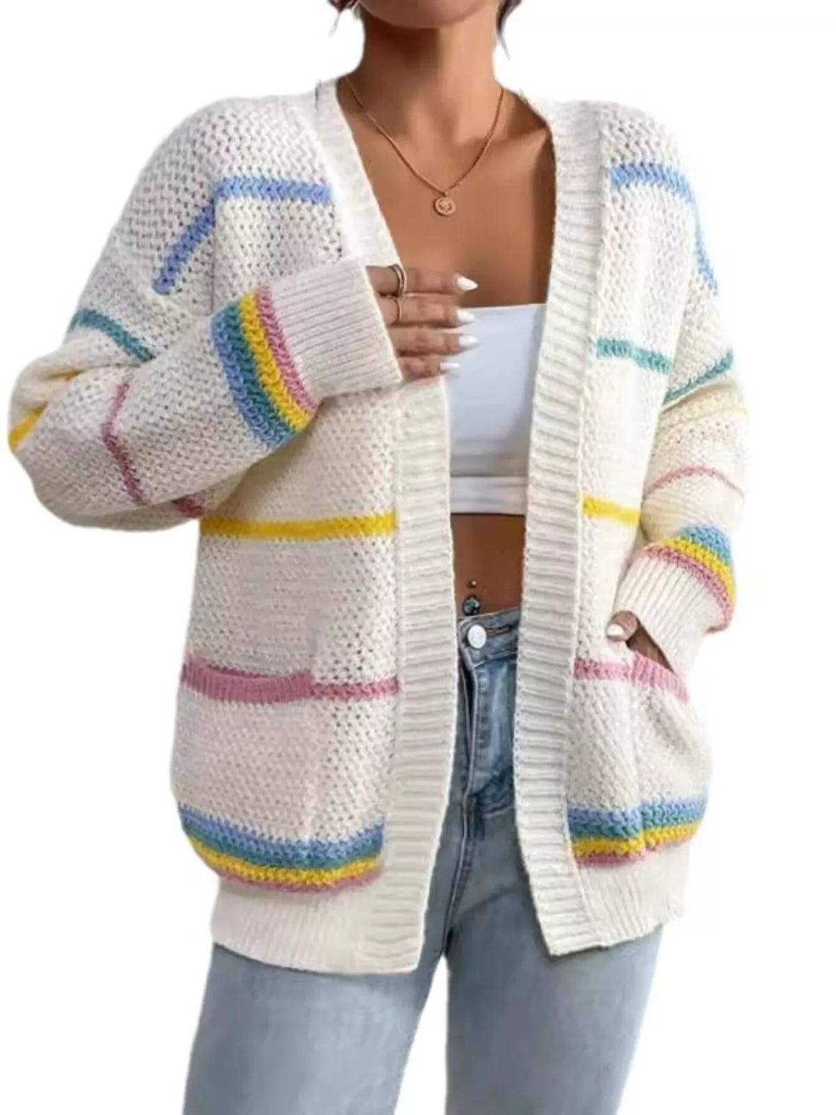 Cream with multicolored stripes striped open front knit cardigan