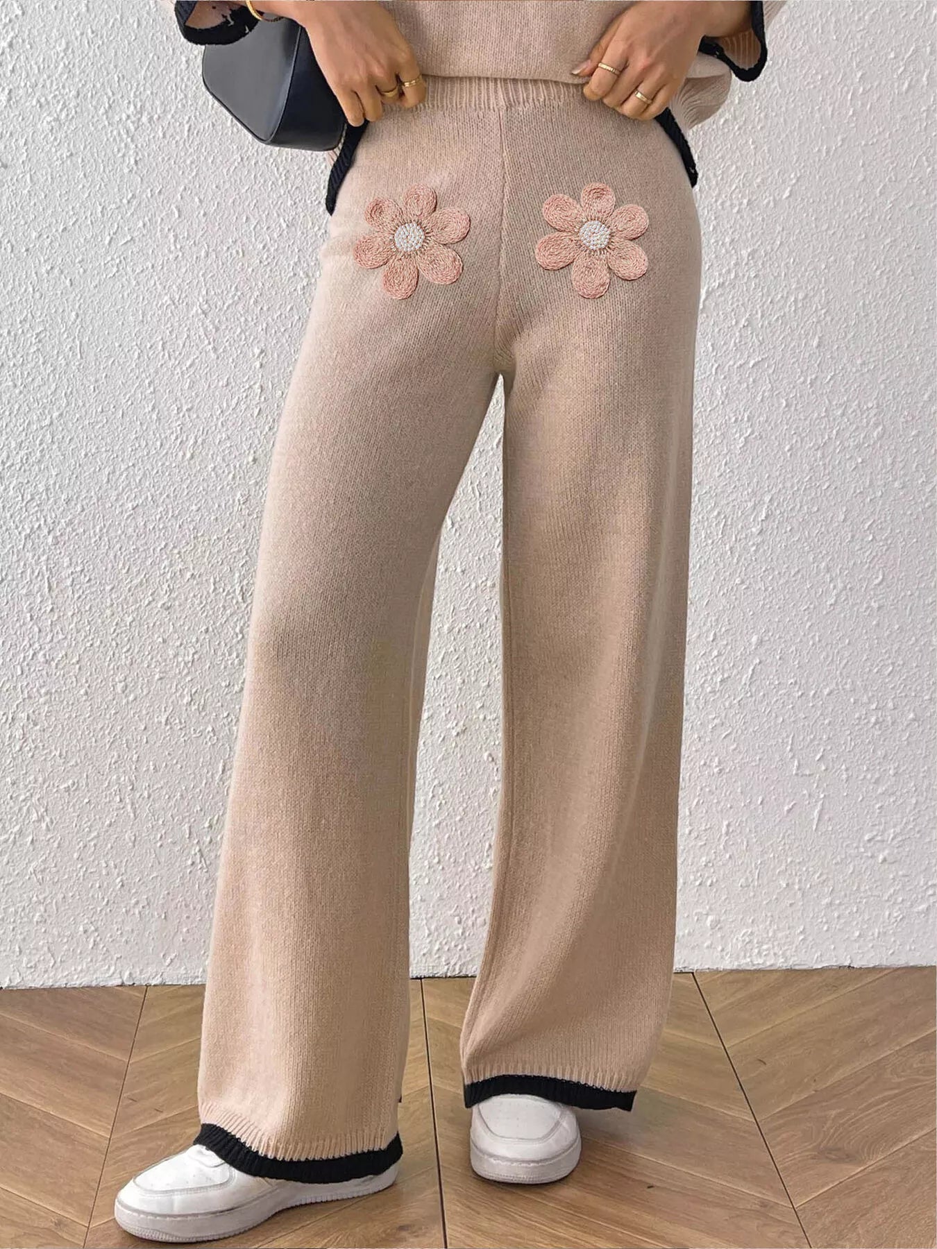 Trendsi Floral Applique High-Waisted Wide-Leg Sweater Pants -