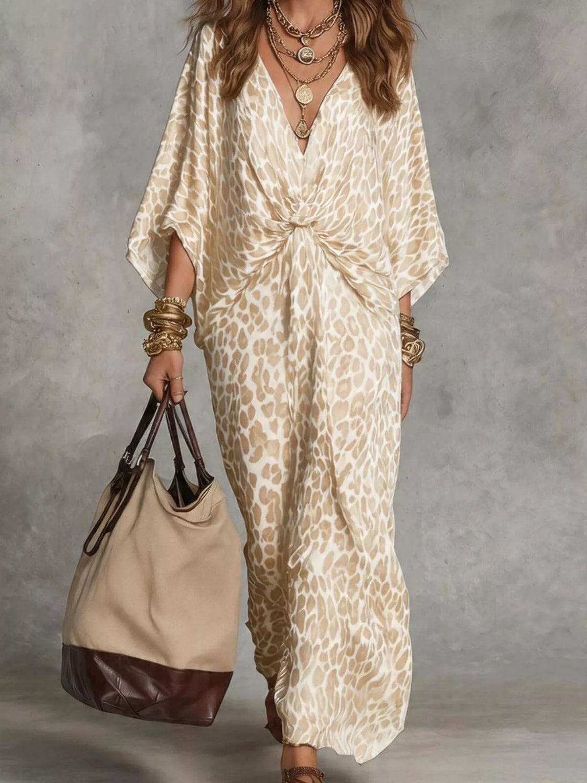 Beige Leopard Print Twisted V-Neck Maxi Dress front view